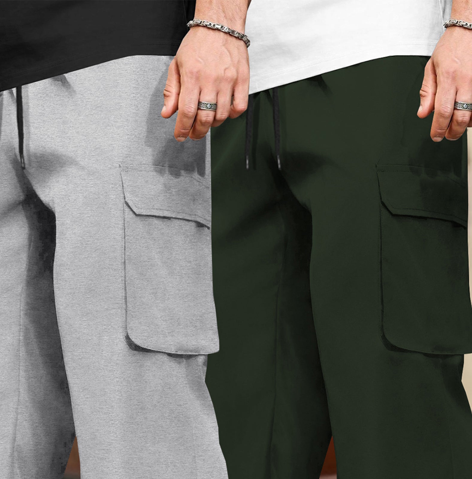 (Pack Of 2) Multi Pockets Plain Baggy Cargos Grey & Olivegreen