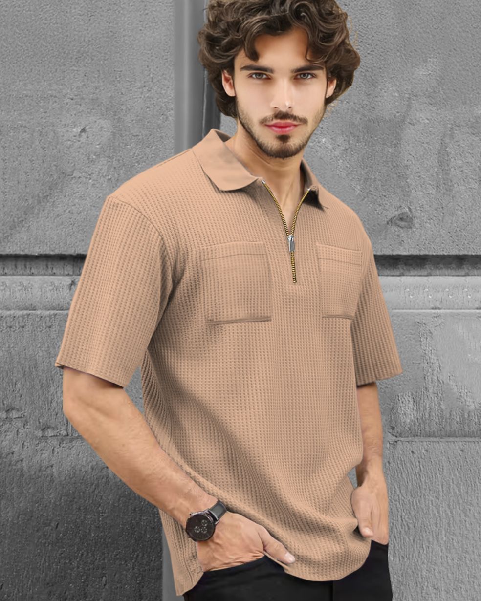 Half Sleeve Double Poacket Polo Waffle Beige T-shirt