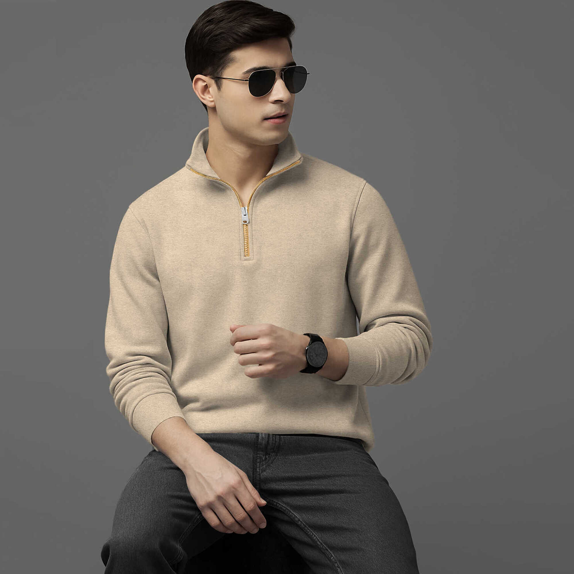 Men High Neck Quarter Zip Up Beige Sweatshirt – TRIPR