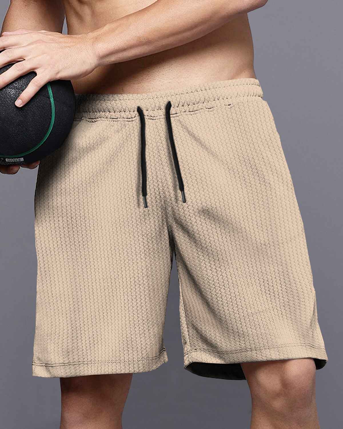 Men Plain Beige Waffle Short