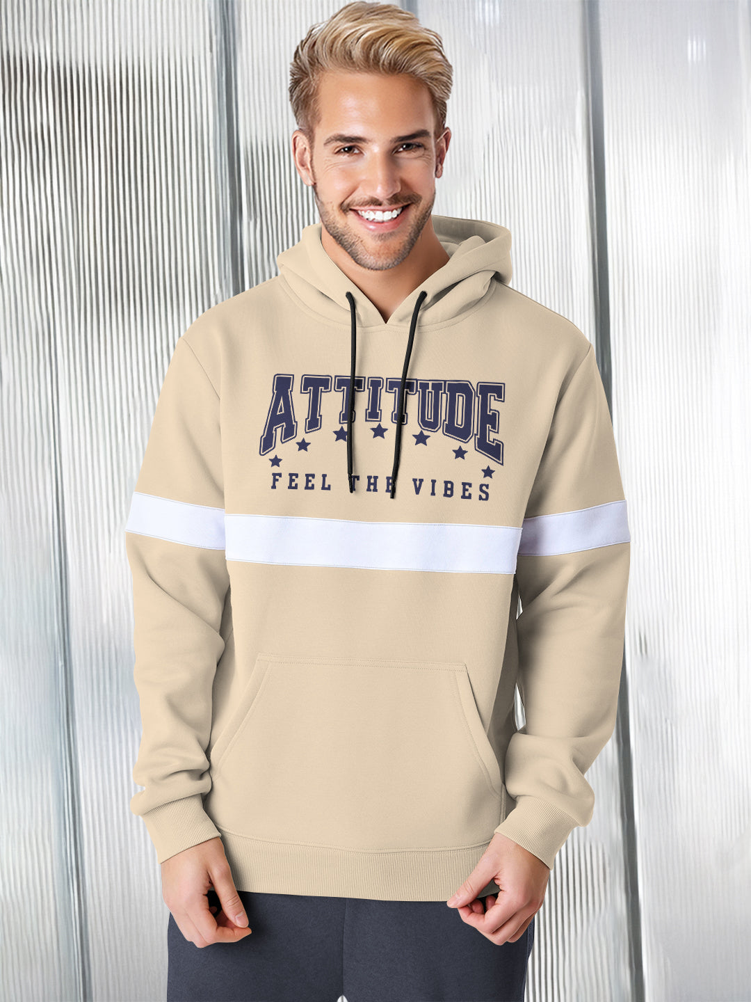 Men Stylish Printed Hooded Sweatshirt Beige