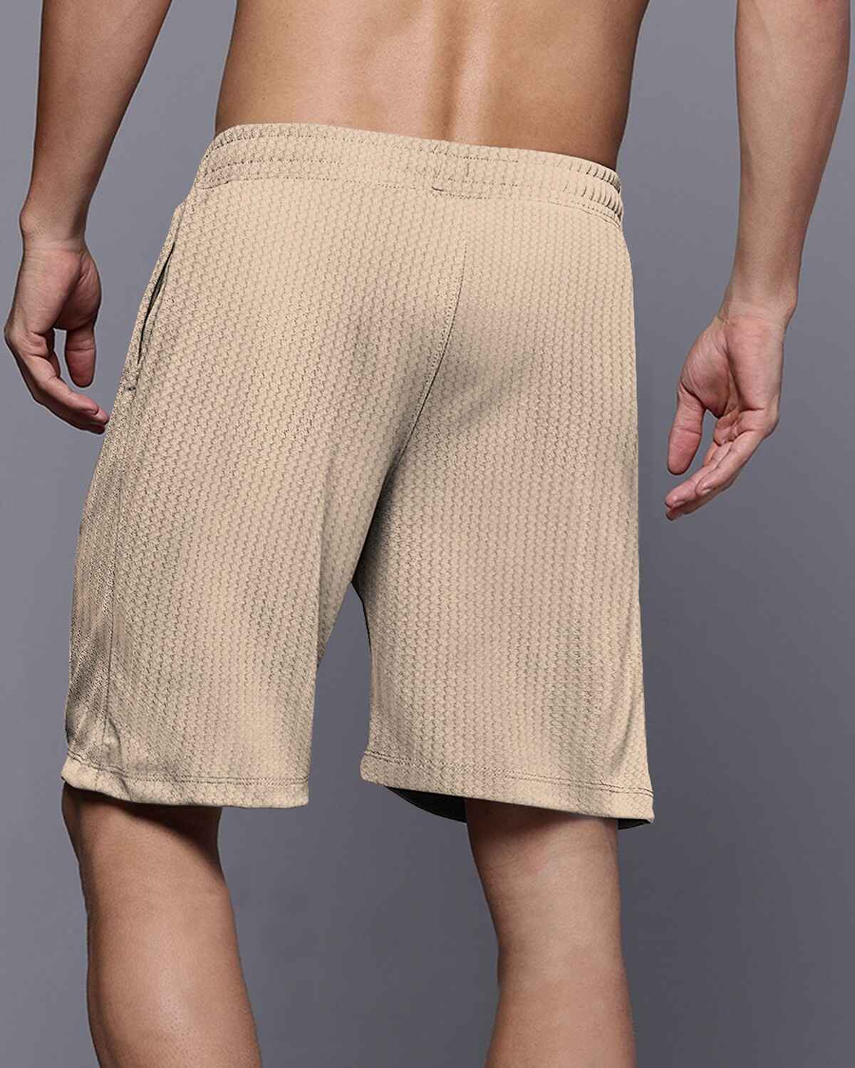 Men Plain Beige Waffle Short