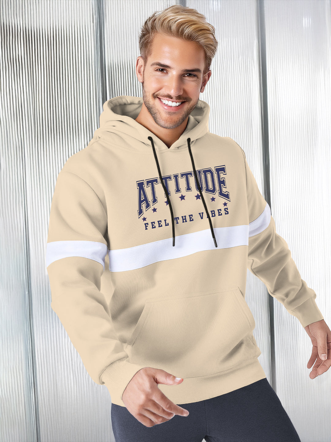 Men Stylish Printed Hooded Sweatshirt Beige