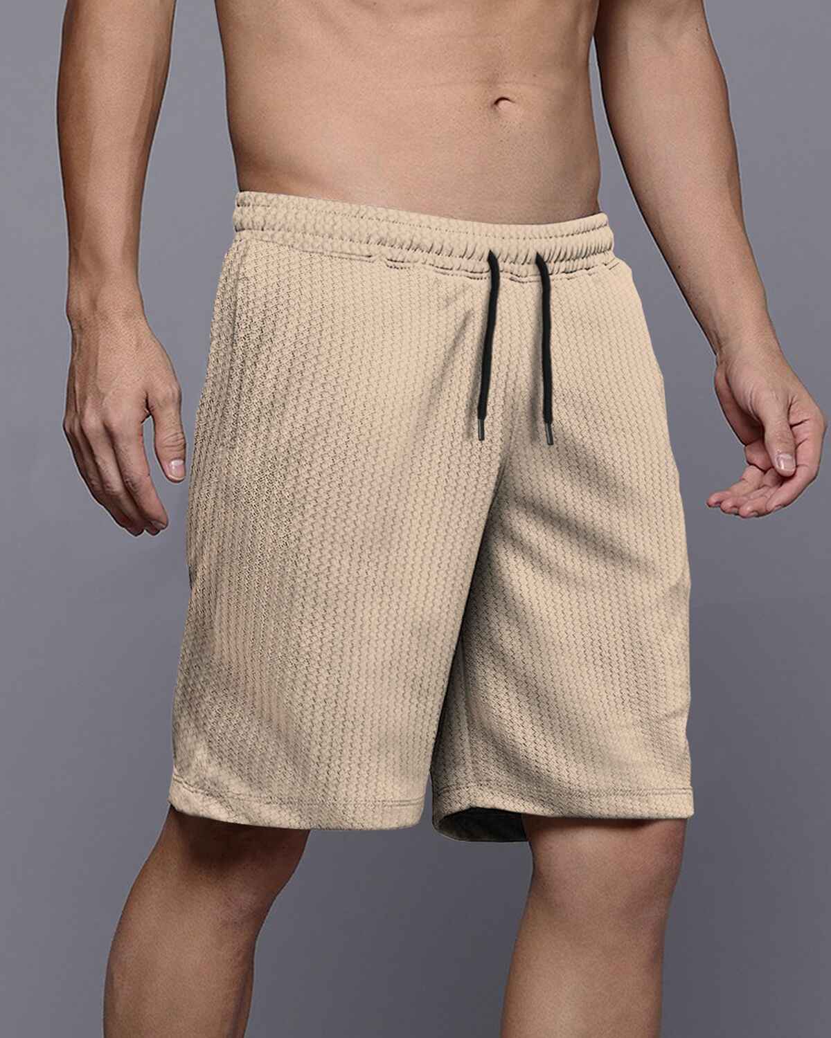Men Plain Beige Waffle Short