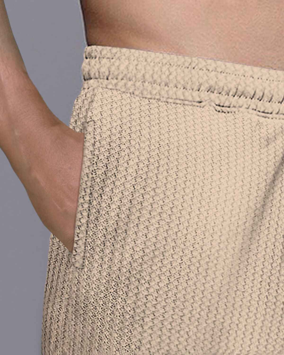 Men Plain Beige Waffle Short