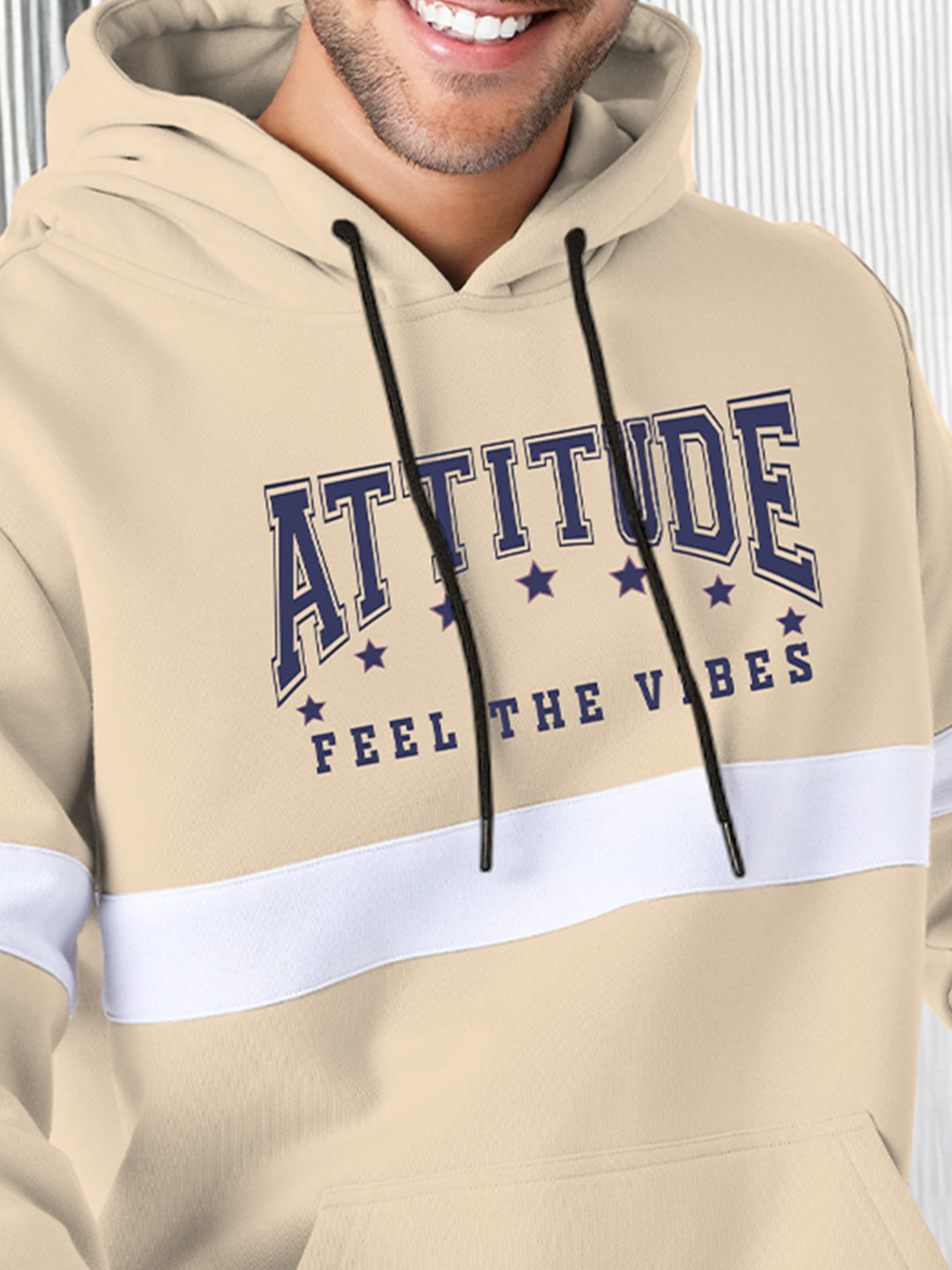 Men Stylish Printed Hooded Sweatshirt Beige