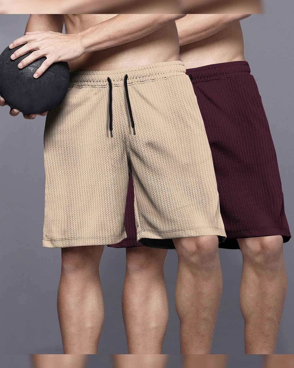 (Pack Of 2 & 3) Men Plain Textured Waffle Shorts