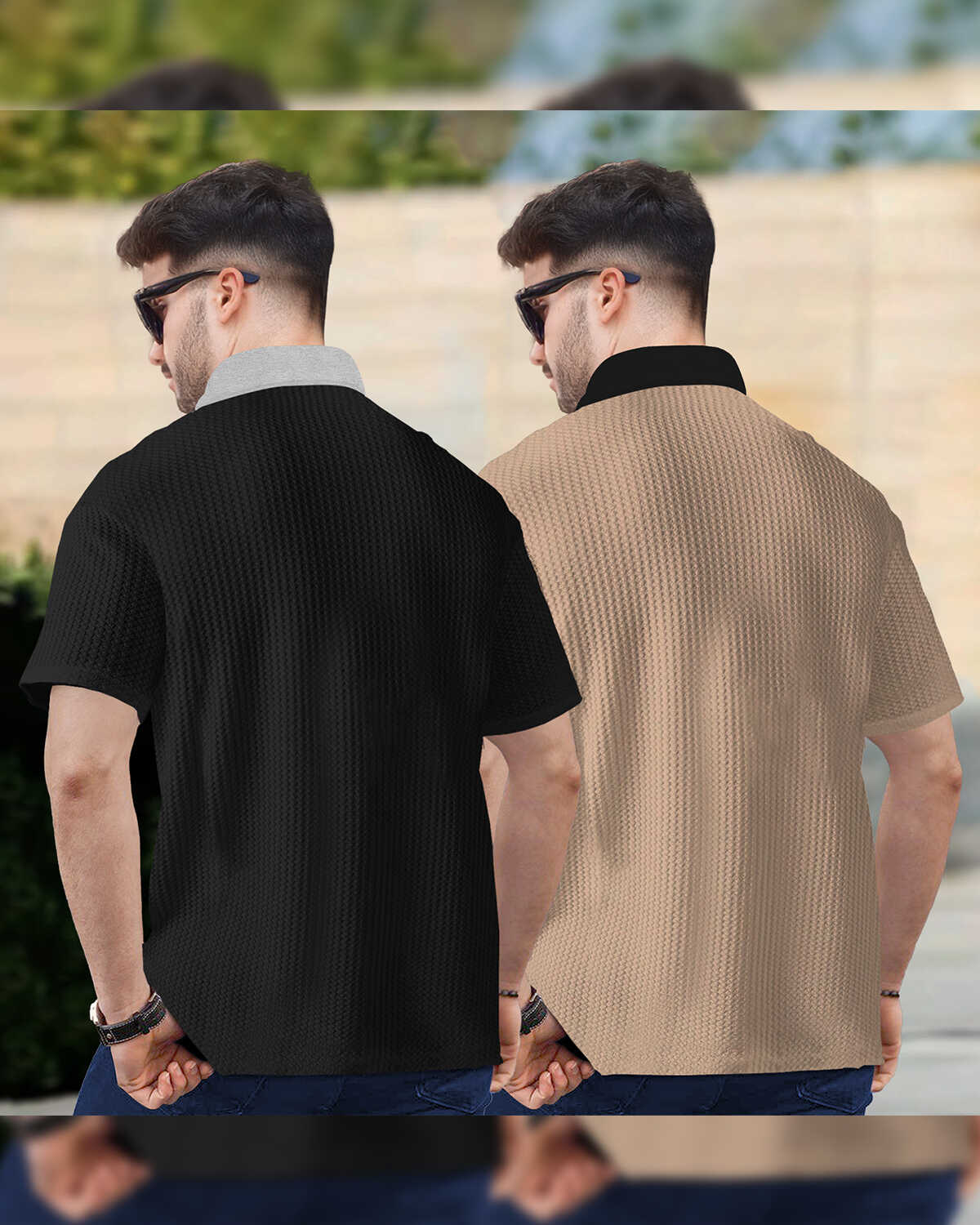 (Pack Of 2) Polo Collar Black & Beige Contrast Waffle Textured T-shirts