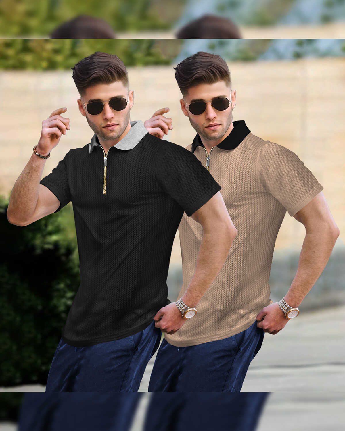 (Pack Of 2) Polo Collar Black & Beige Contrast Waffle Textured T-shirts