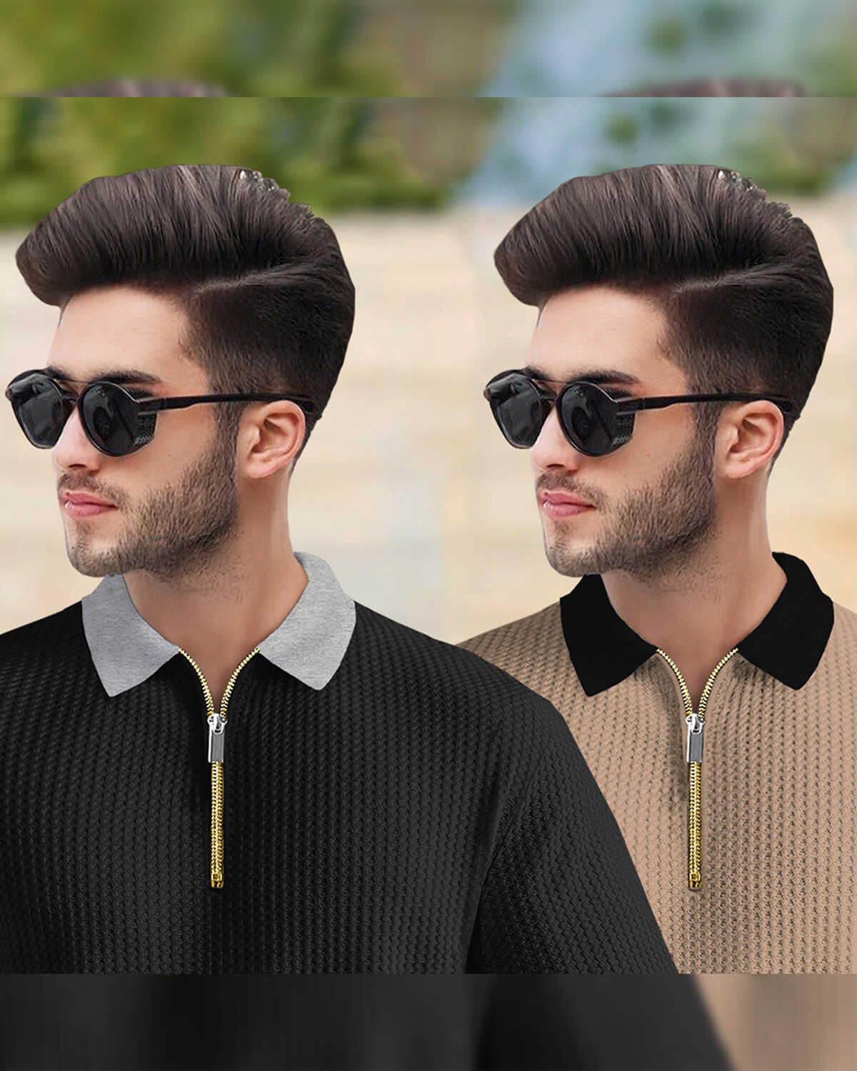 (Pack Of 2) Polo Collar Black & Beige Contrast Waffle Textured T-shirts