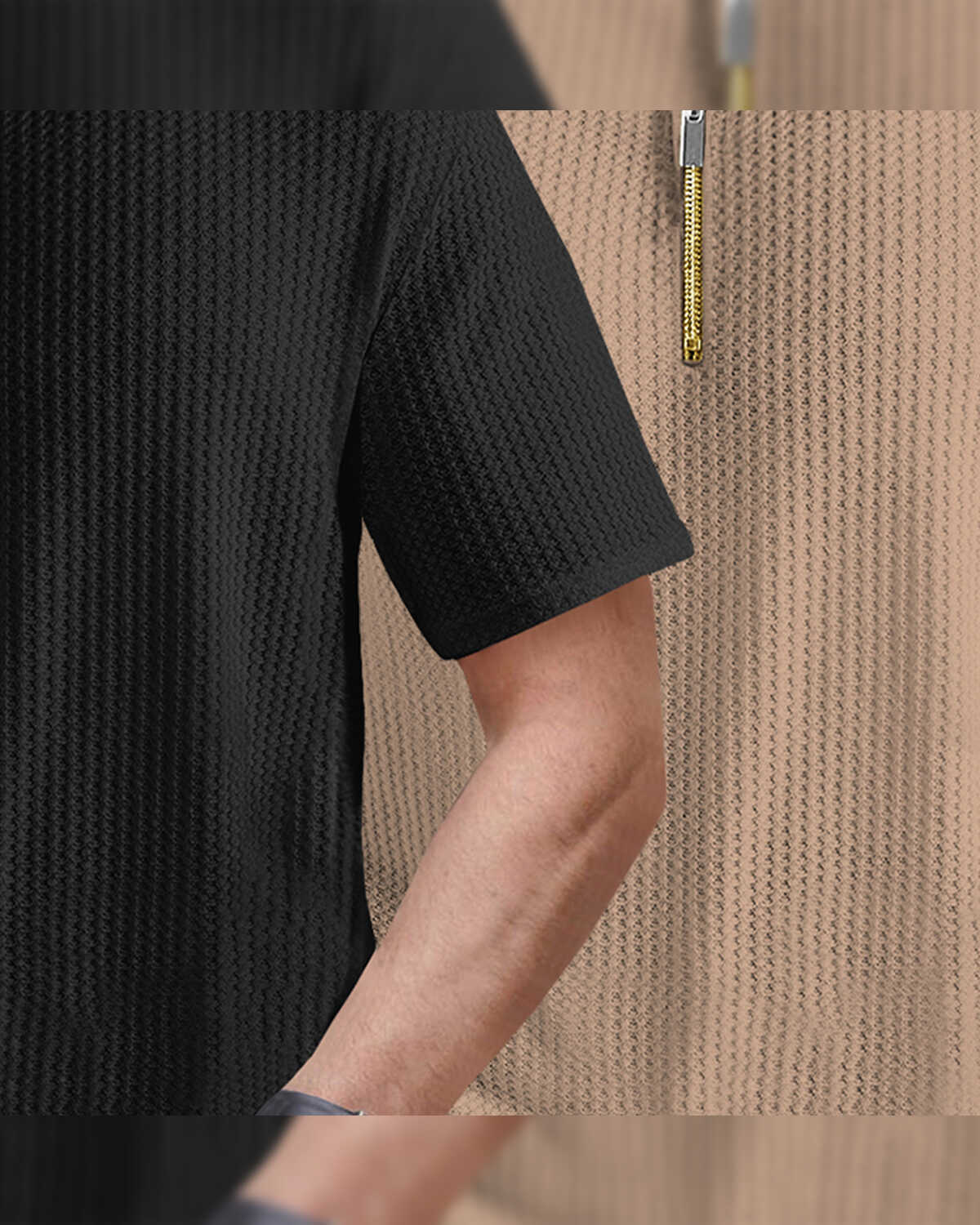 (Pack Of 2) Polo Collar Black & Beige Contrast Waffle Textured T-shirts