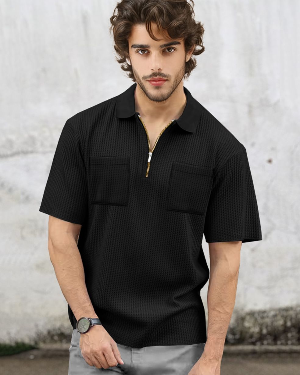 Half Sleeve Double Poacket Polo Waffle Black T-shirt
