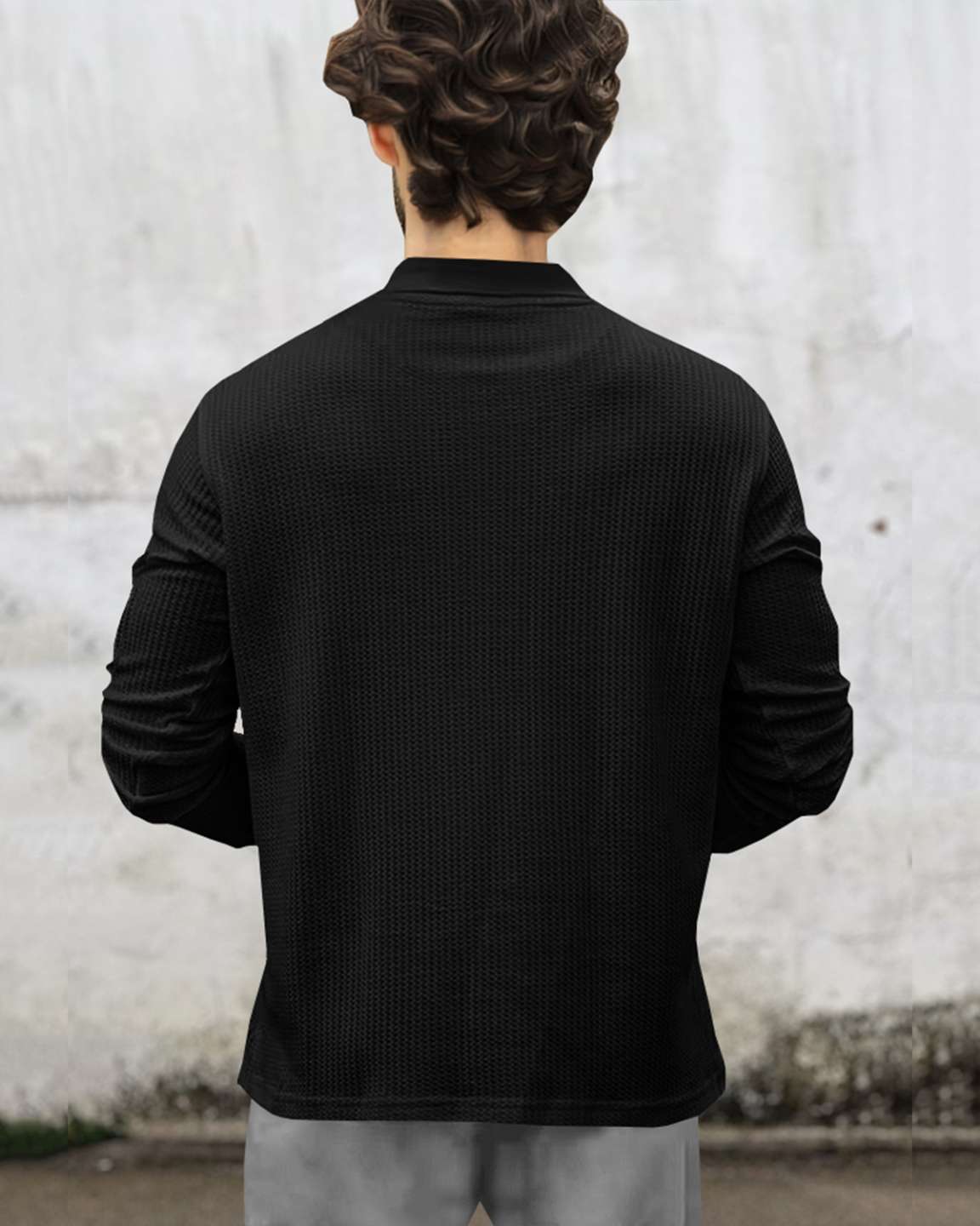 Men Full Sleeve Double Poacket Polo Waffle Black T-shirt