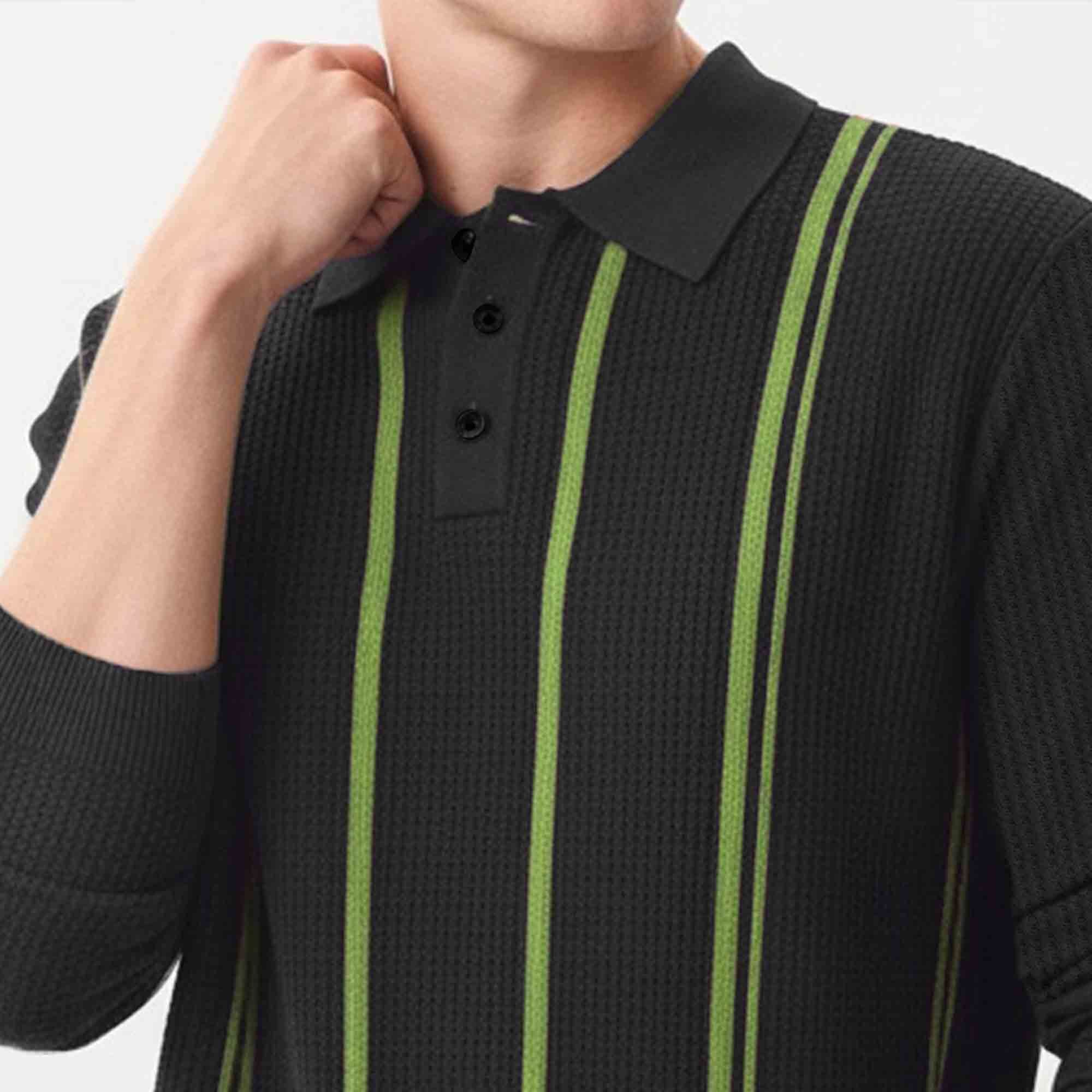 Men Polo Neck Striped Printed Full Sleeve T-shirt Black
