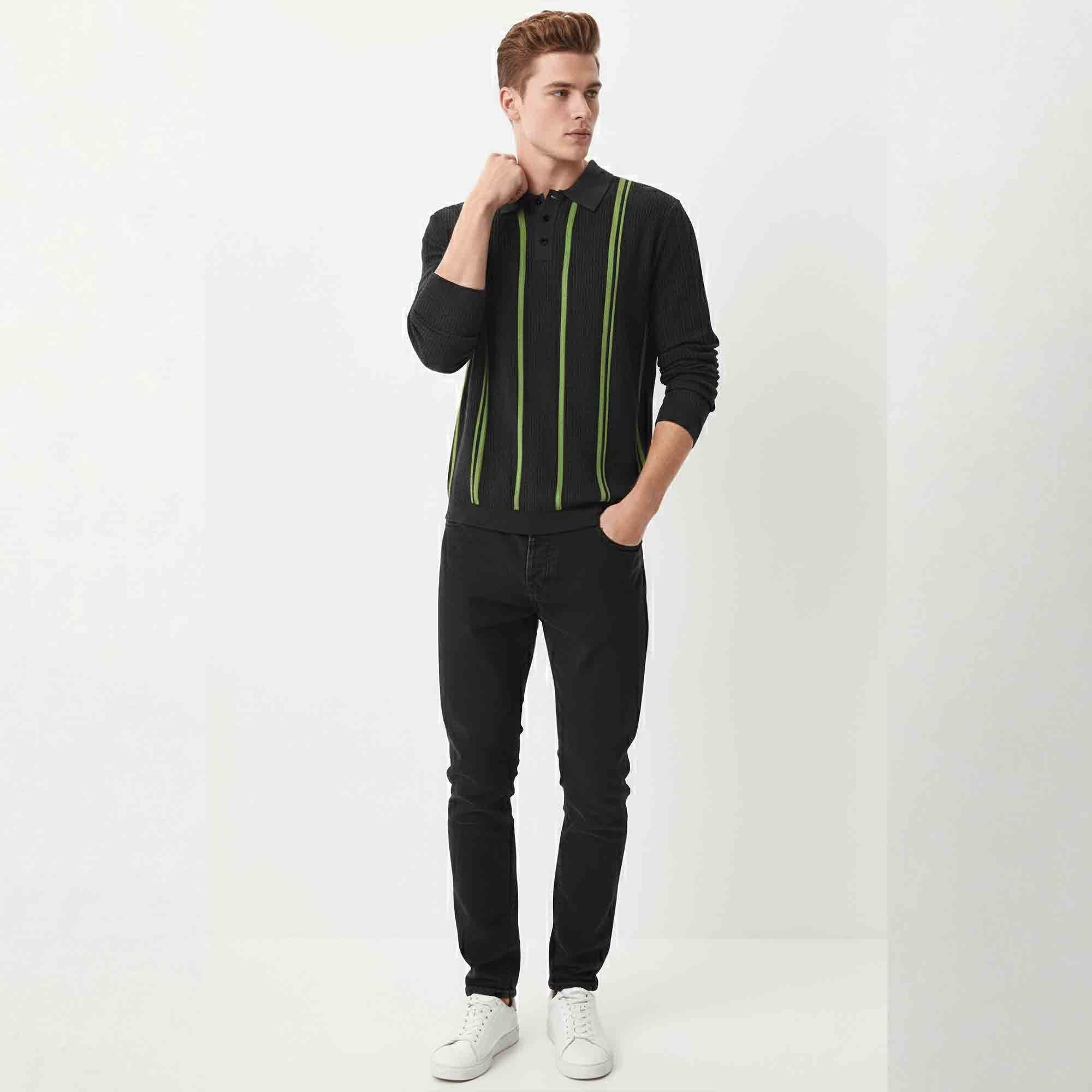 Men Polo Neck Striped Printed Full Sleeve T-shirt Black