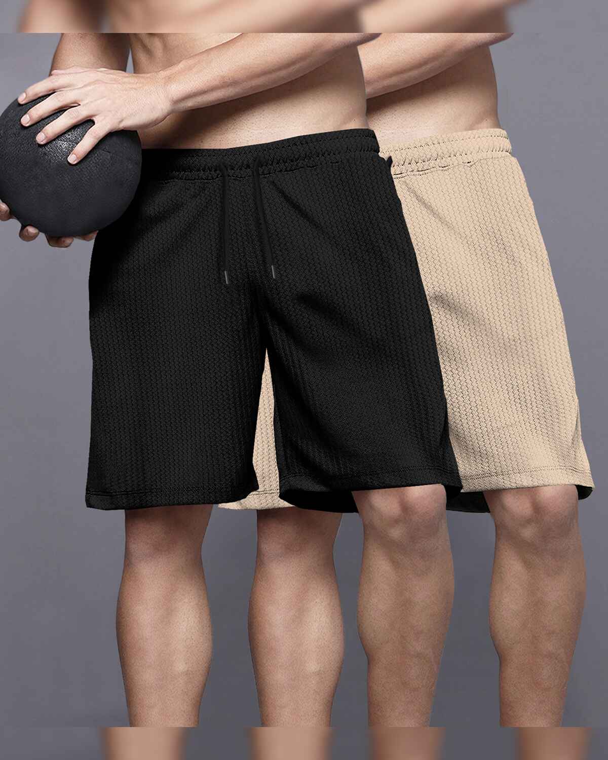 (Pack Of 2 & 3) Men Plain Textured Waffle Shorts