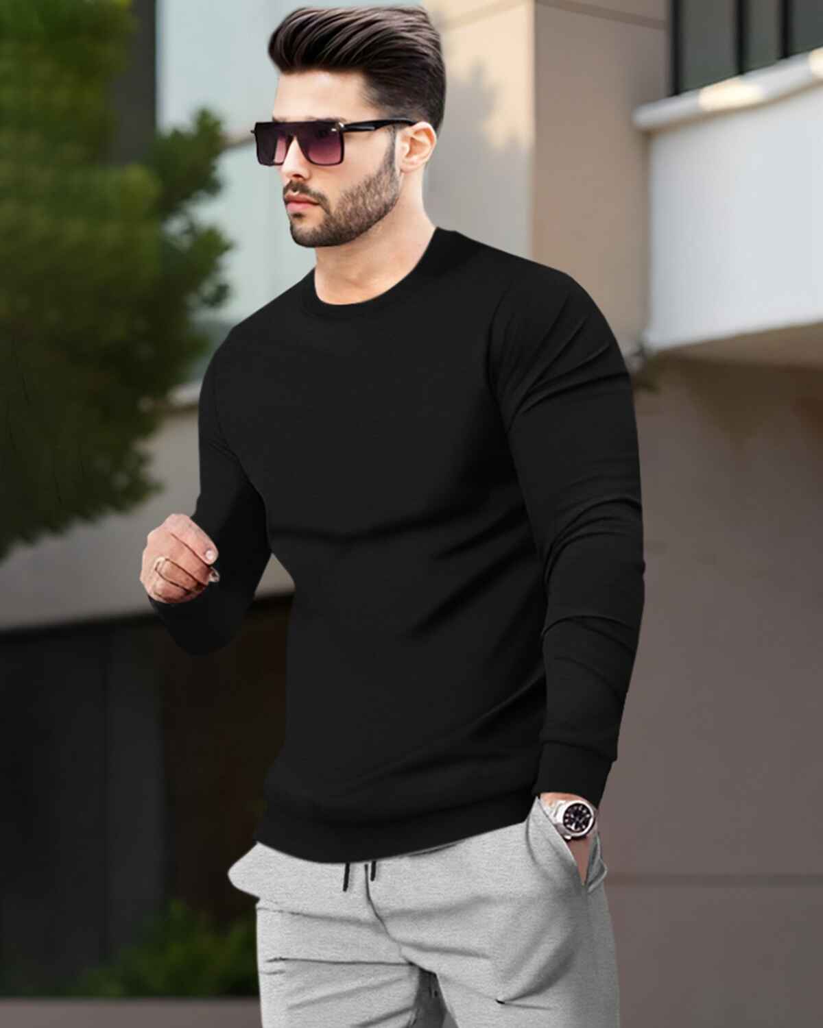 Mens Tracksuit - Full Sleeve Black t-shirt / Grey Trackpant