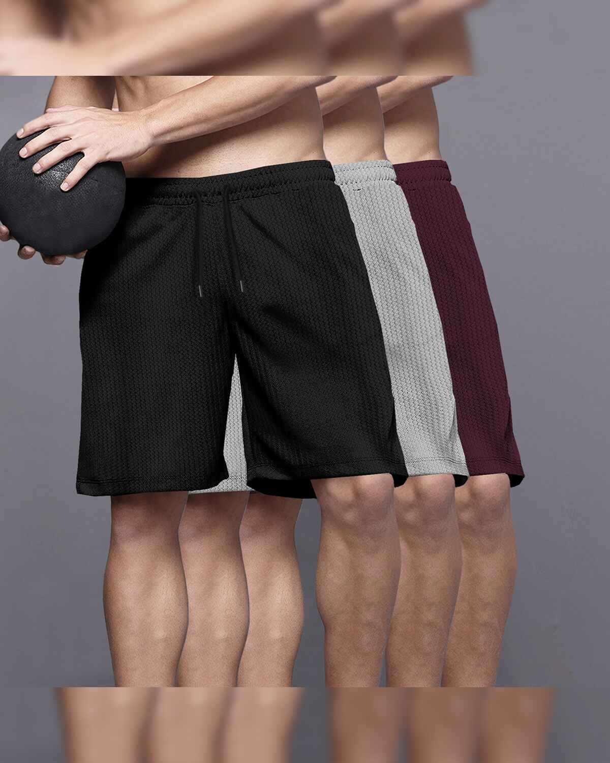 (Pack Of 3) Men Plain Black-Grey-Maroon Waffle Shorts