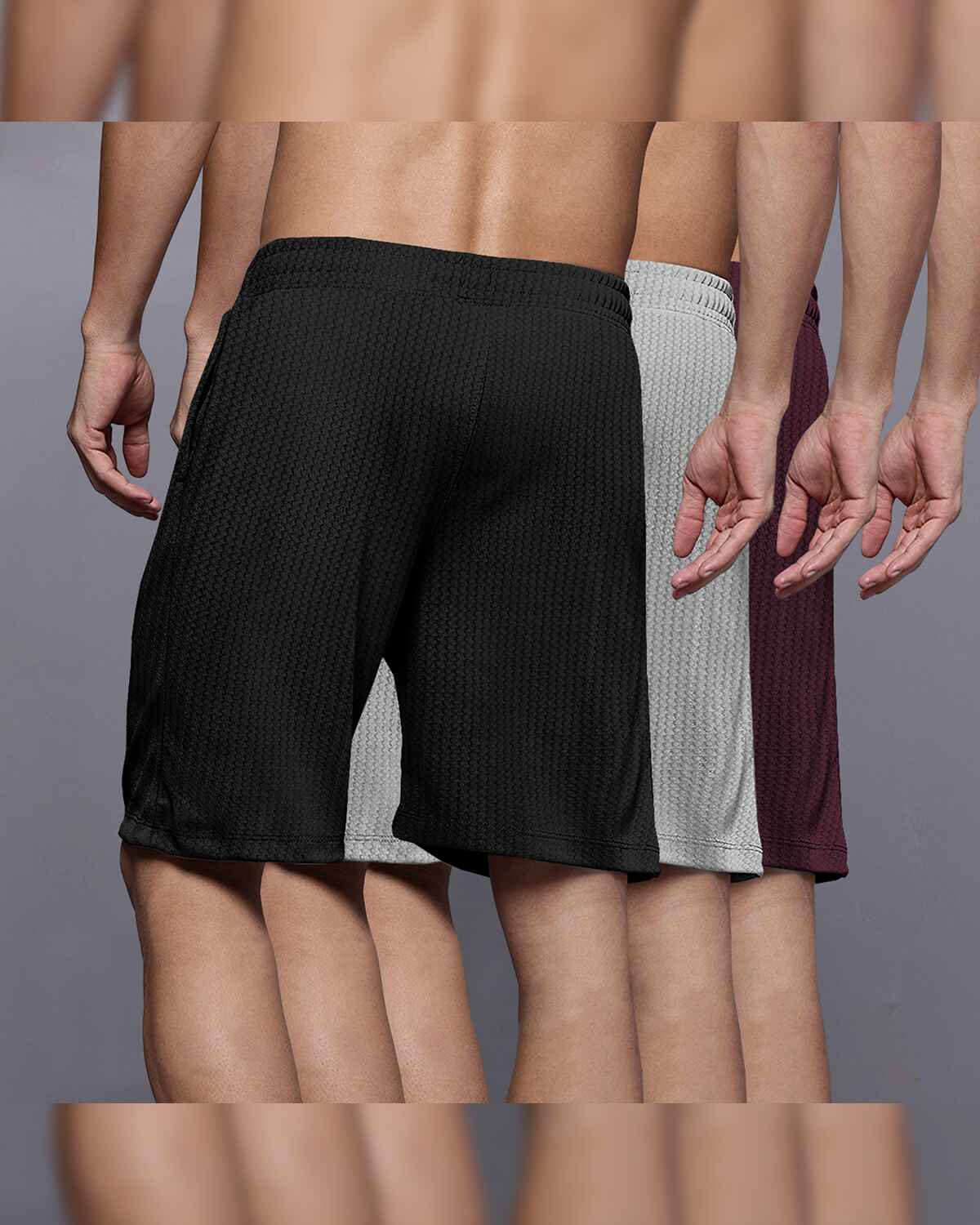 (Pack Of 3) Men Plain Black-Grey-Maroon Waffle Shorts