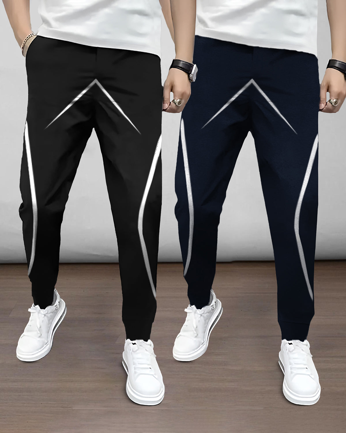 (Pack Of 2) Men Printed Black & Navyblue Trackpants