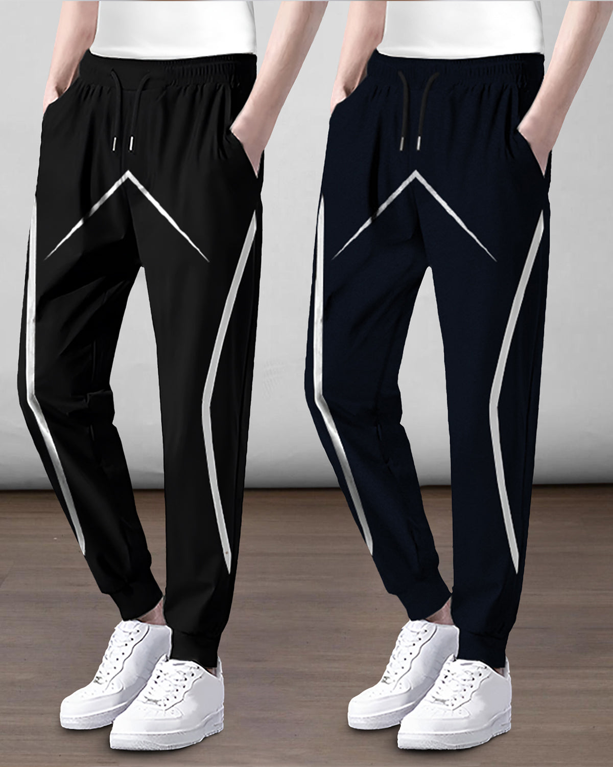 (Pack Of 2) Men Printed Black & Navyblue Trackpants
