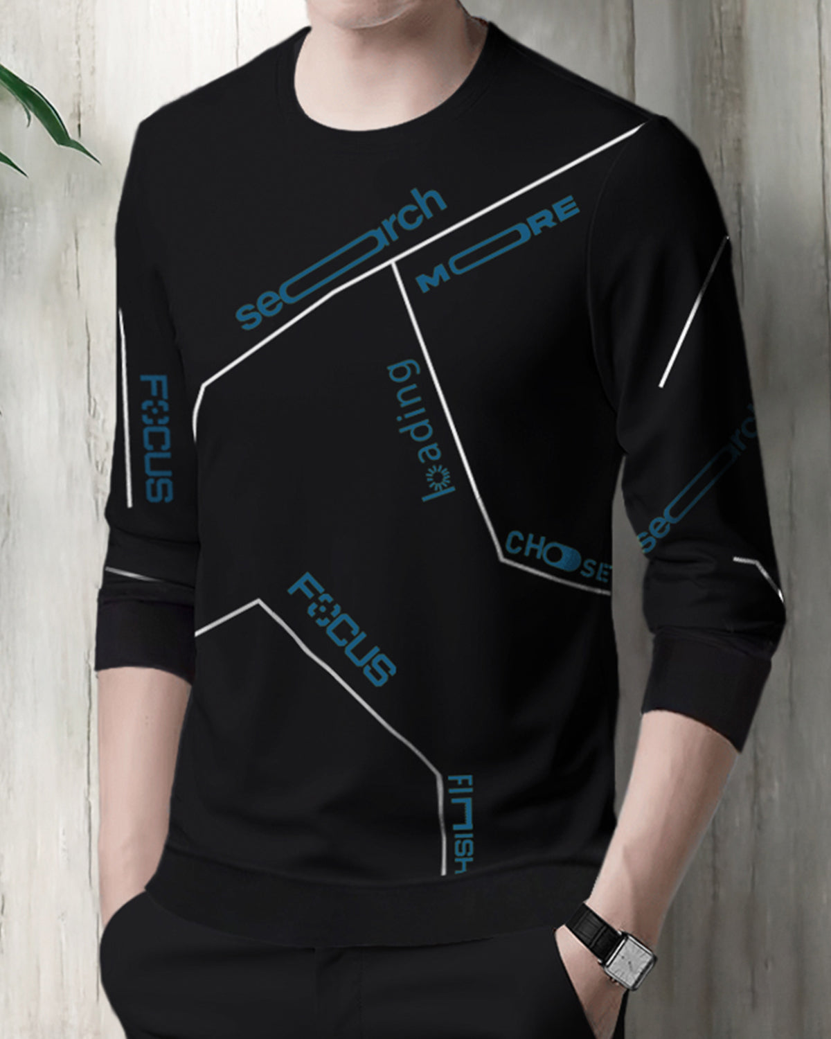 Men Full Sleeve search more Printed Round Neck Black & Blue T-Shirt