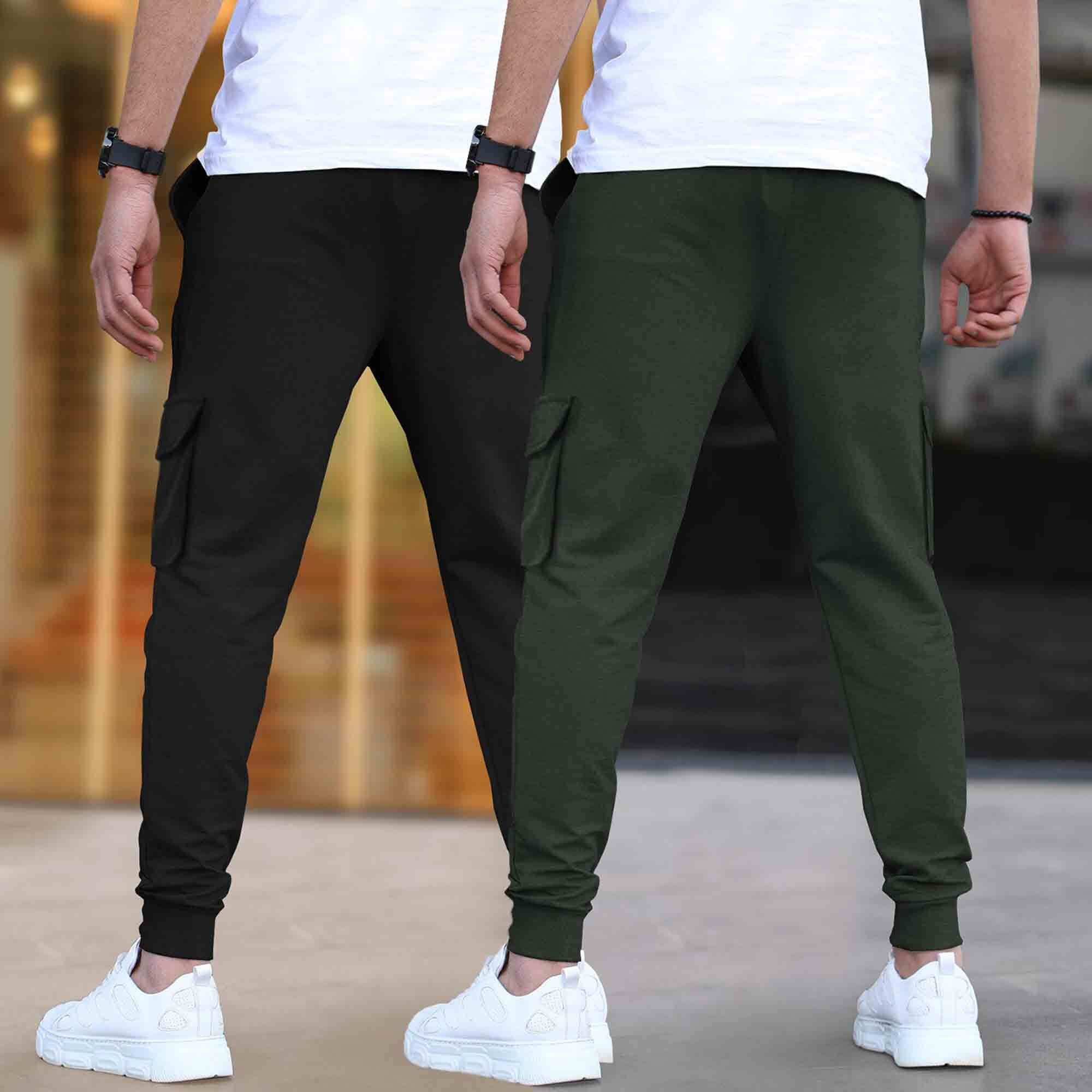 (Pack Of 2) Multi Pockets Plain Cargo Joggers Black & Olivegreen