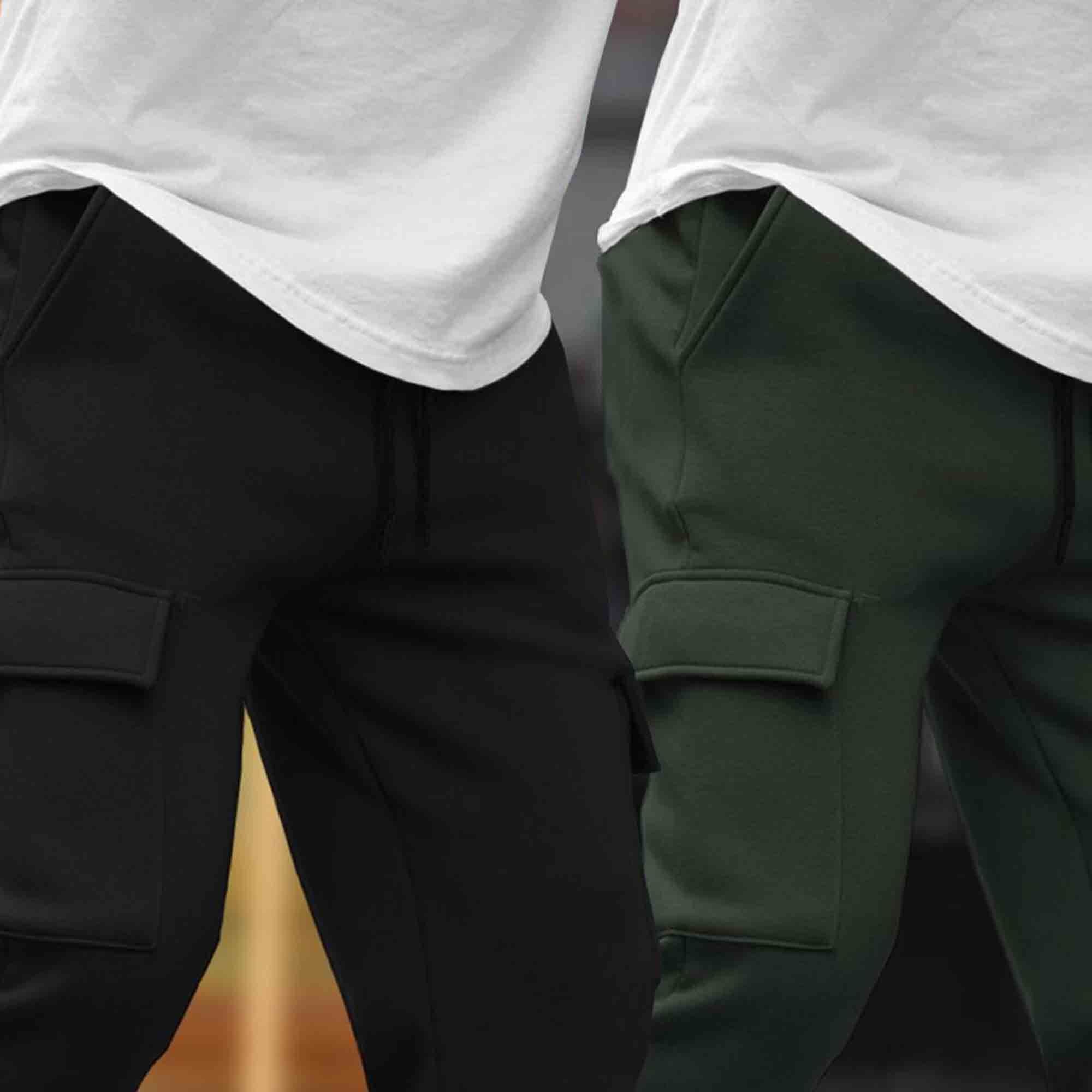 (Pack Of 2) Multi Pockets Plain Cargo Joggers Black & Olivegreen