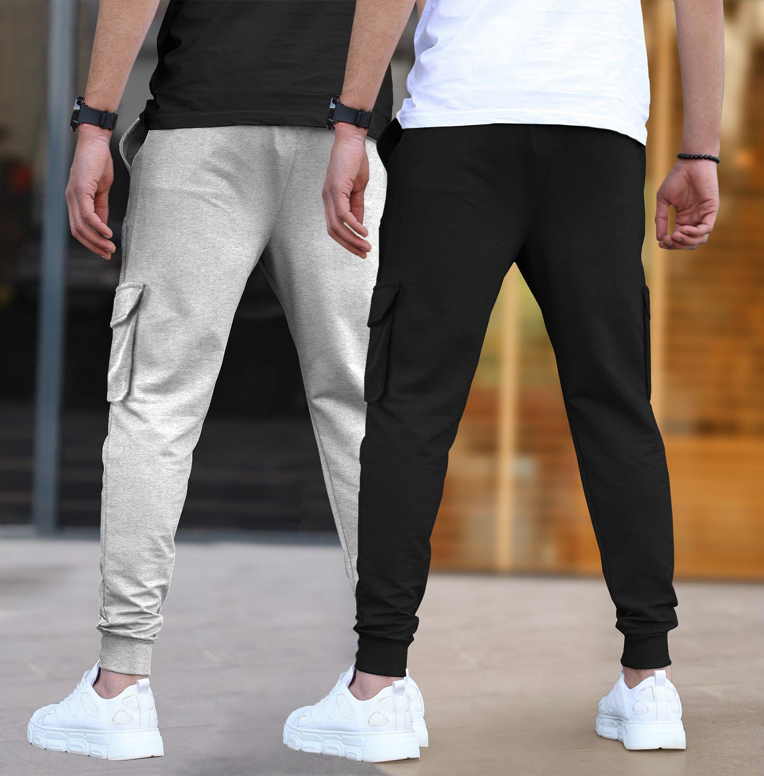 (Pack Of 2) Multi Pockets Plain Cargo Joggers Grey & Black
