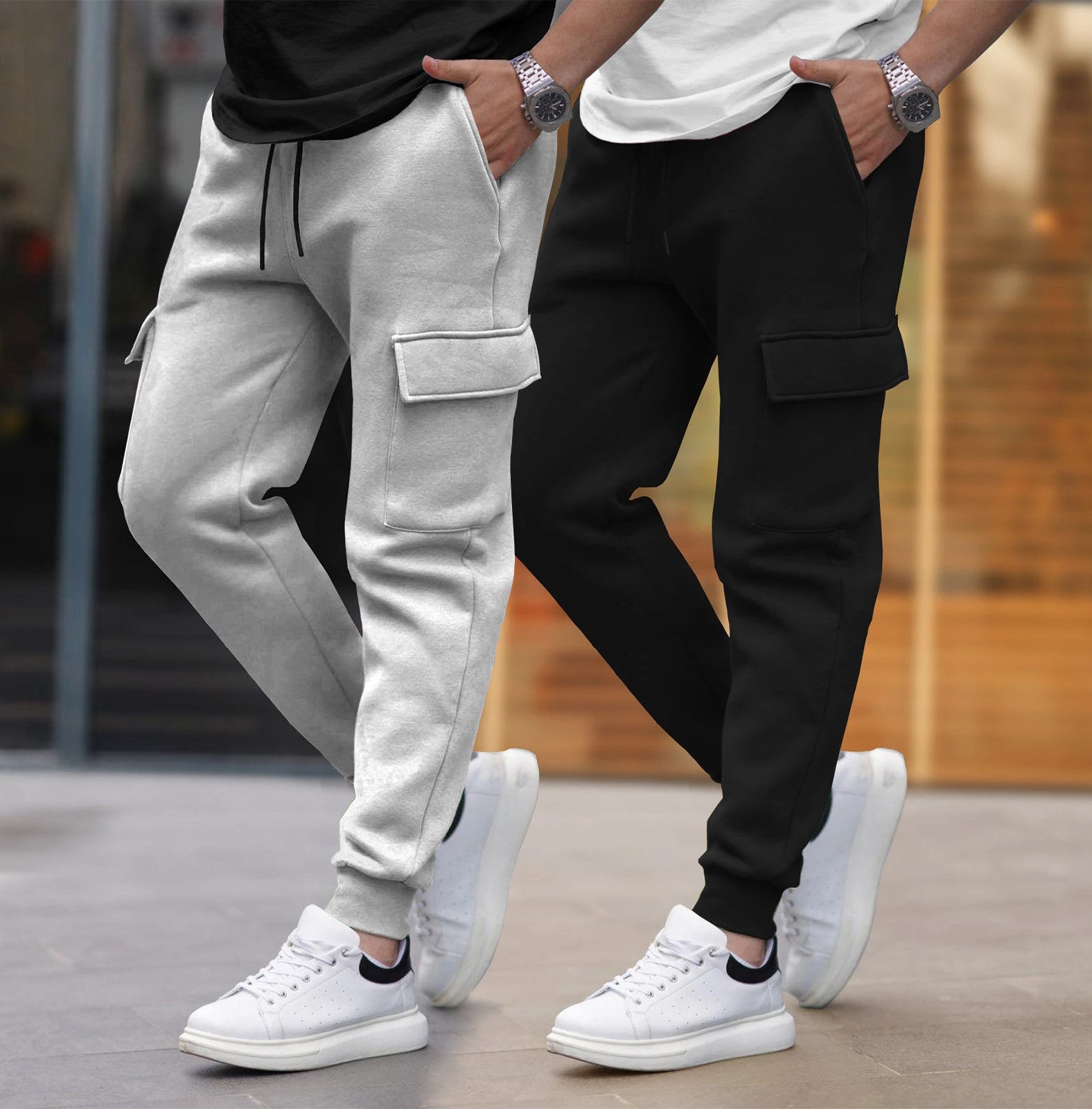 (Pack Of 2) Multi Pockets Plain Cargo Joggers Grey & Black