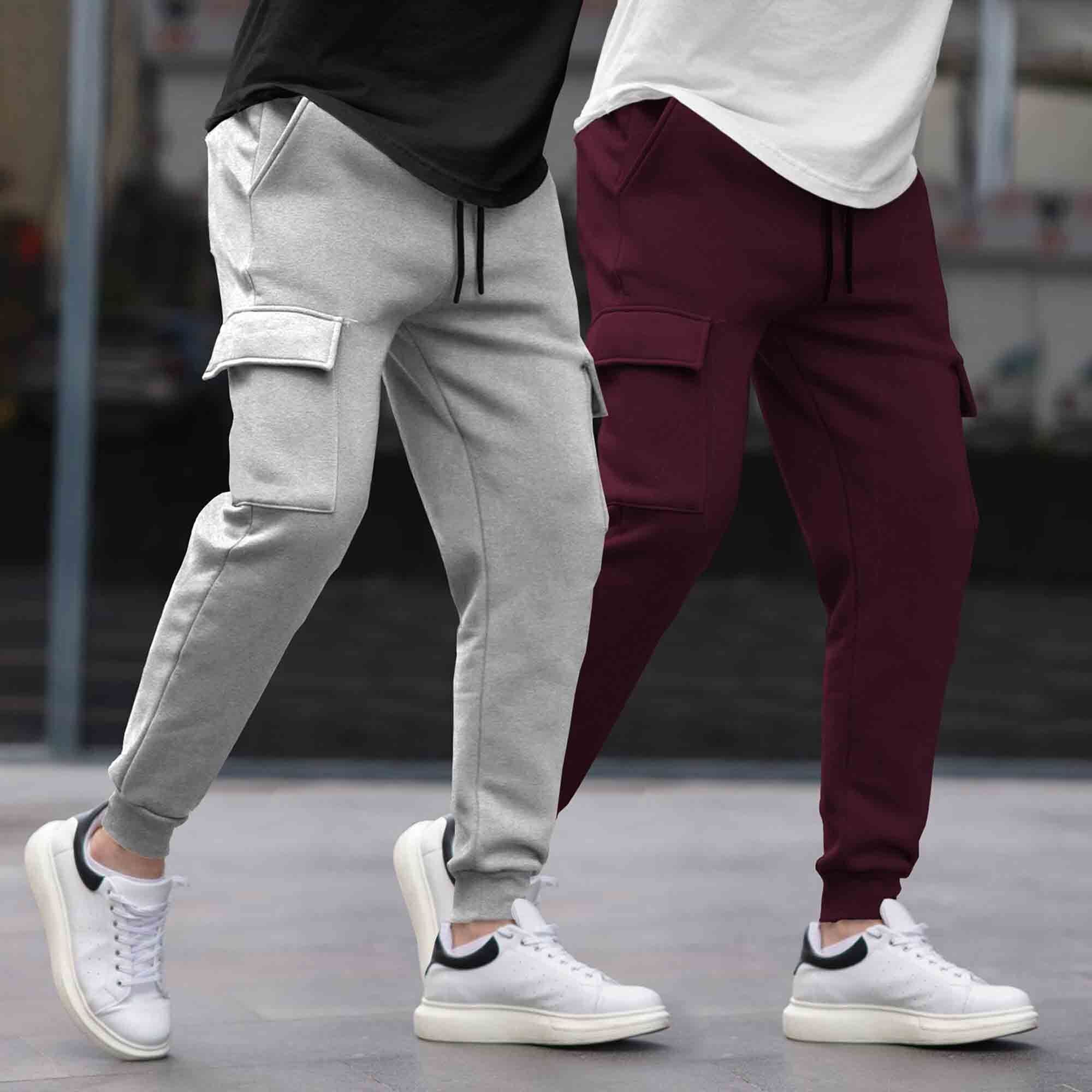 (Pack Of 2) Multi Pockets Plain Cargo Joggers Grey & Maroon