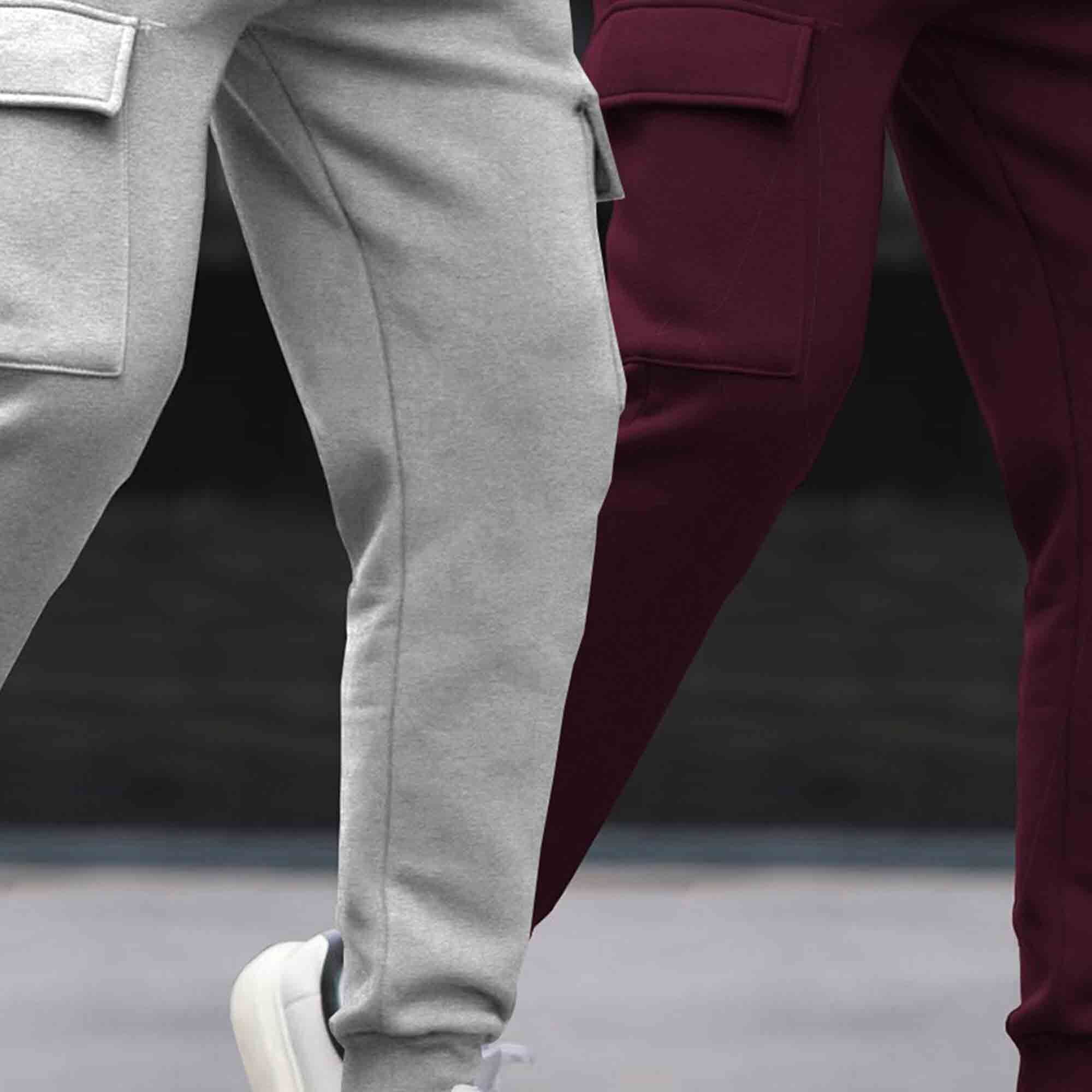 (Pack Of 2) Multi Pockets Plain Cargo Joggers Grey & Maroon