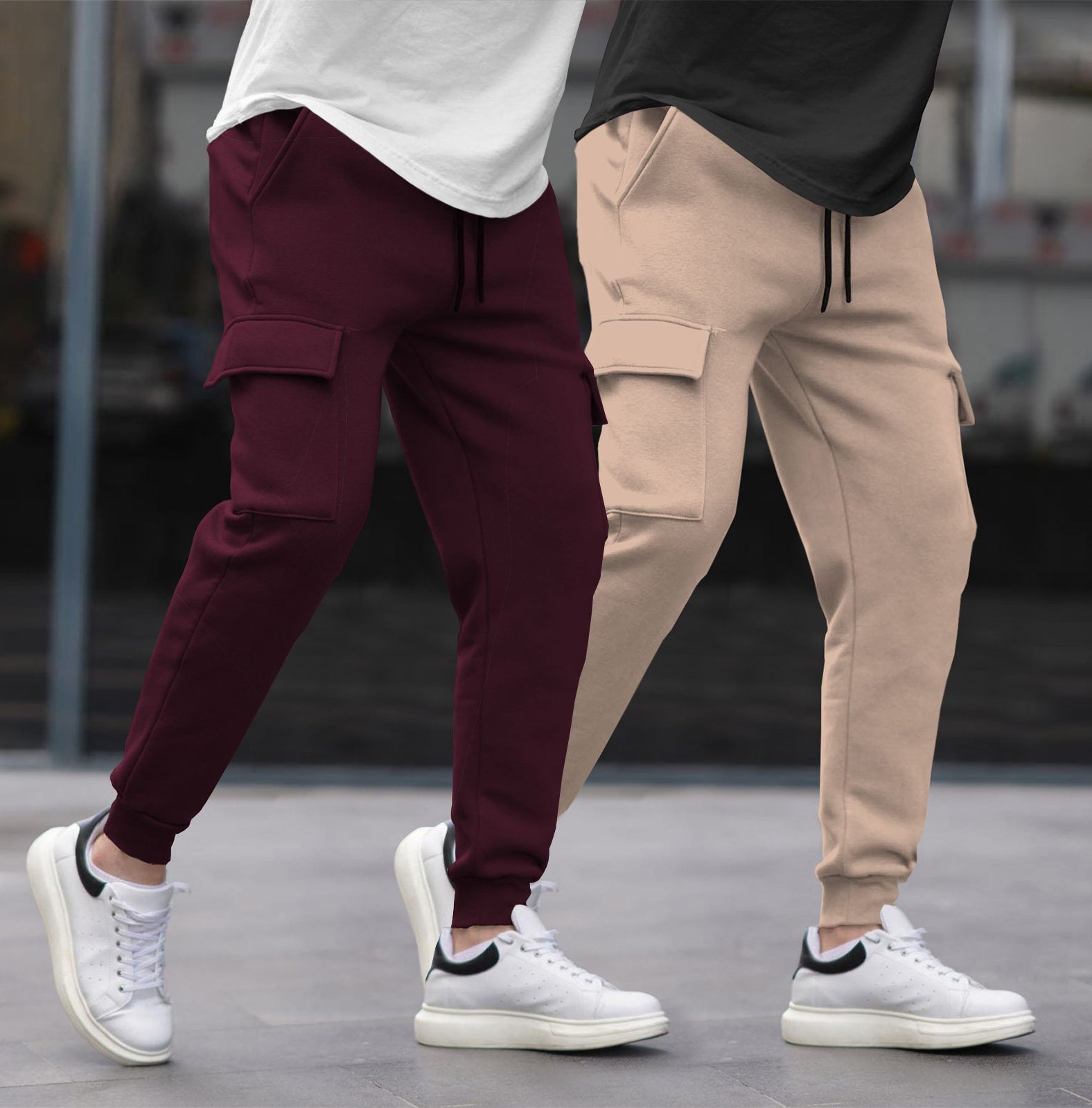 (Pack Of 2) Multi Pockets Plain Cargo Joggers Maroon-Beige