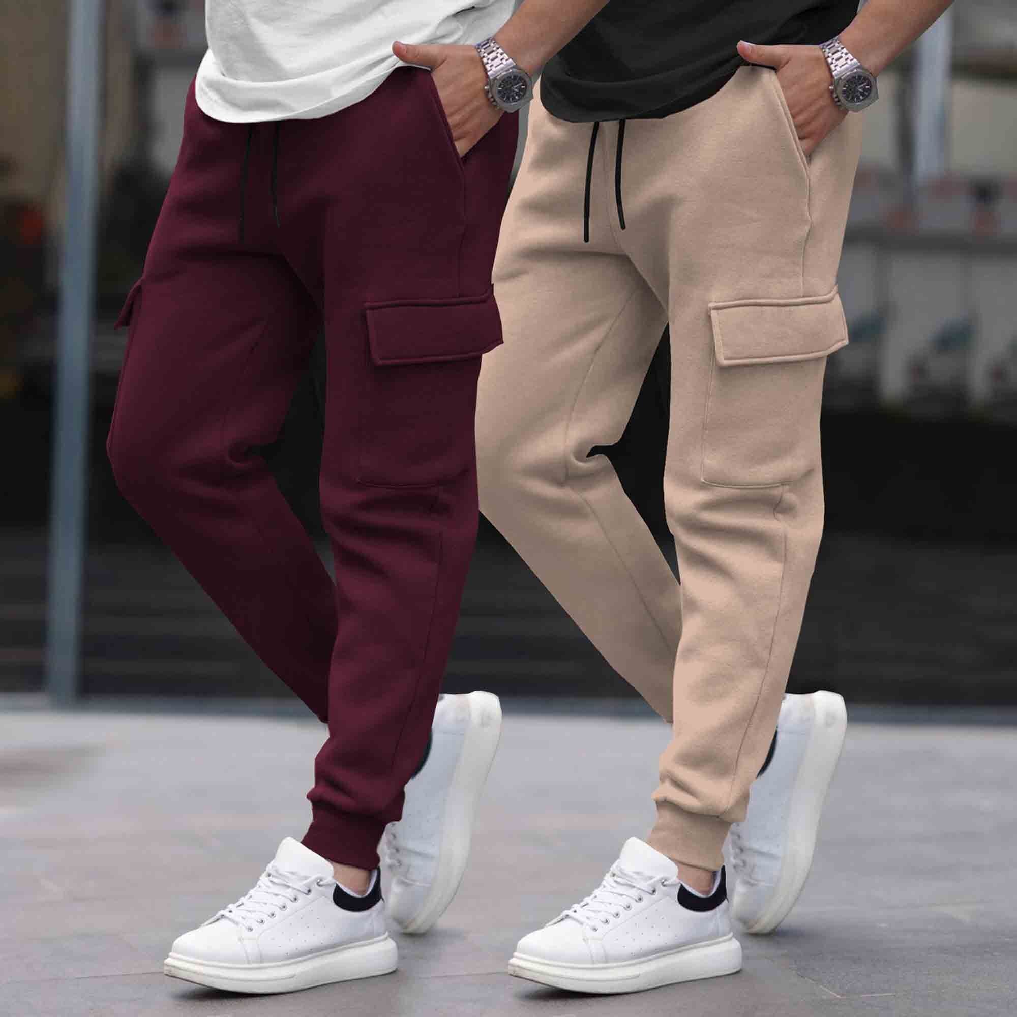 (Pack Of 2) Multi Pockets Plain Cargo Joggers Maroon-Beige