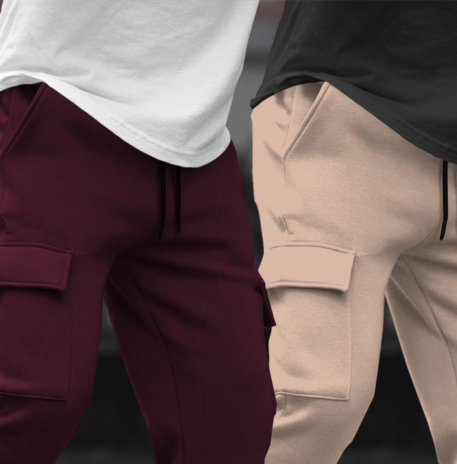 (Pack Of 2) Multi Pockets Plain Cargo Joggers Maroon-Beige