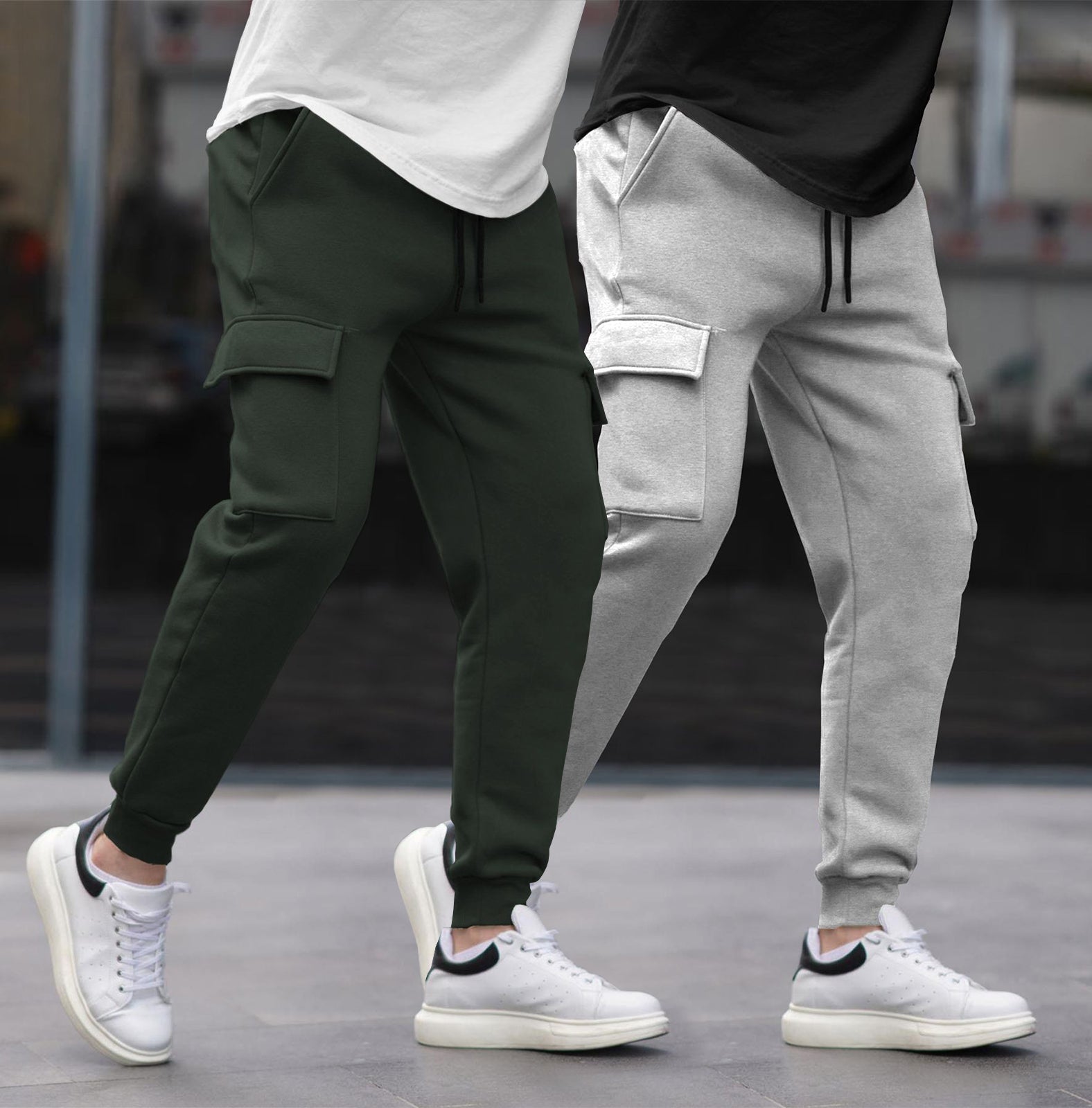 (Pack Of 2) Multi Pockets Plain Cargo Joggers Olive & Grey