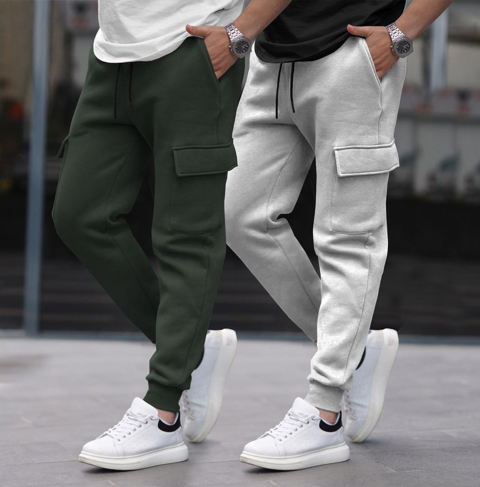 (Pack Of 2) Multi Pockets Plain Cargo Joggers Olive & Grey