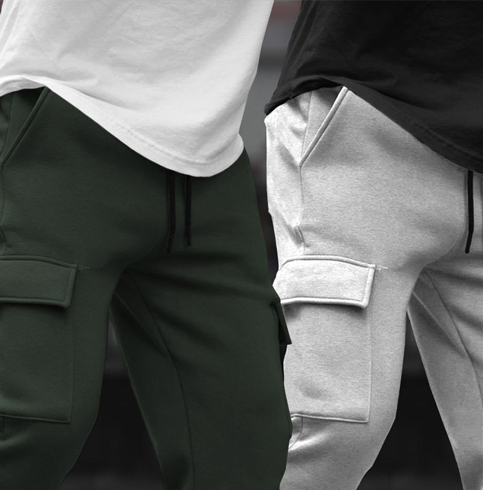 (Pack Of 2) Multi Pockets Plain Cargo Joggers Olive & Grey