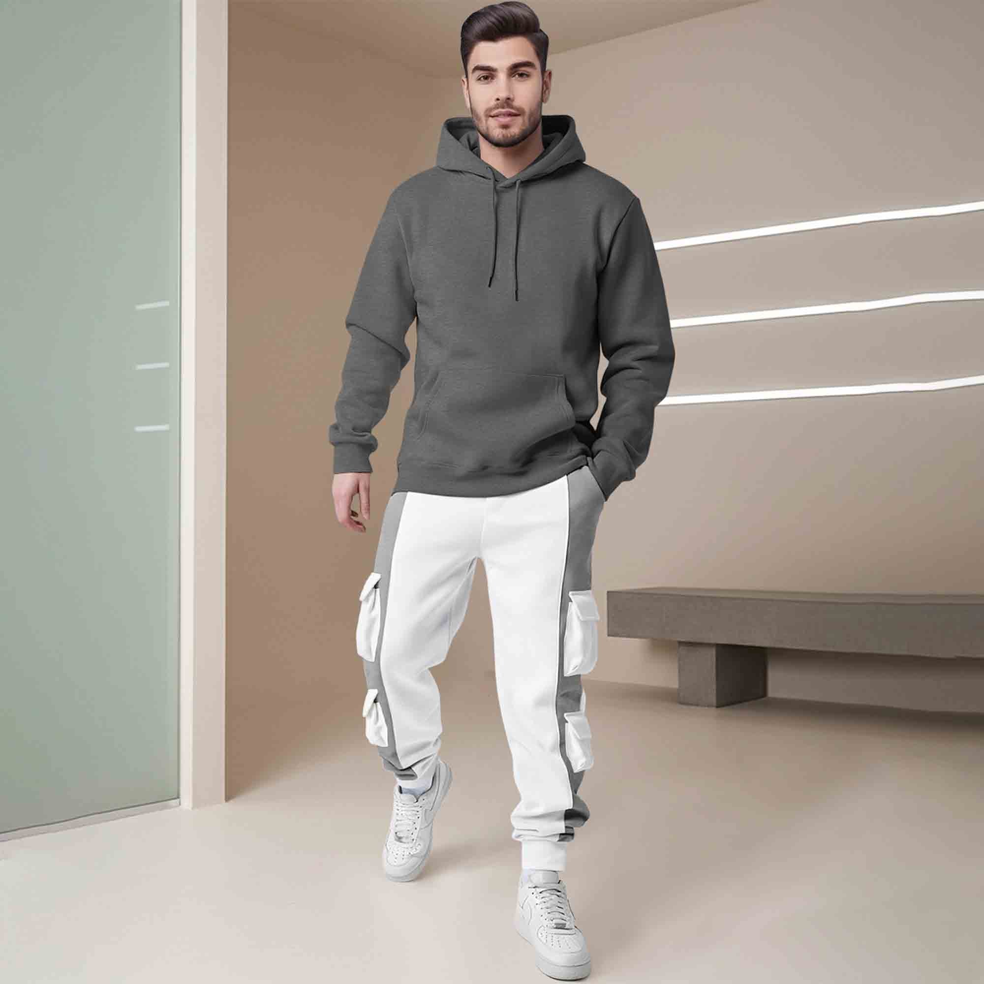 Mens Colorblocked 6 Pockets Cargo Jogger / White & Grey