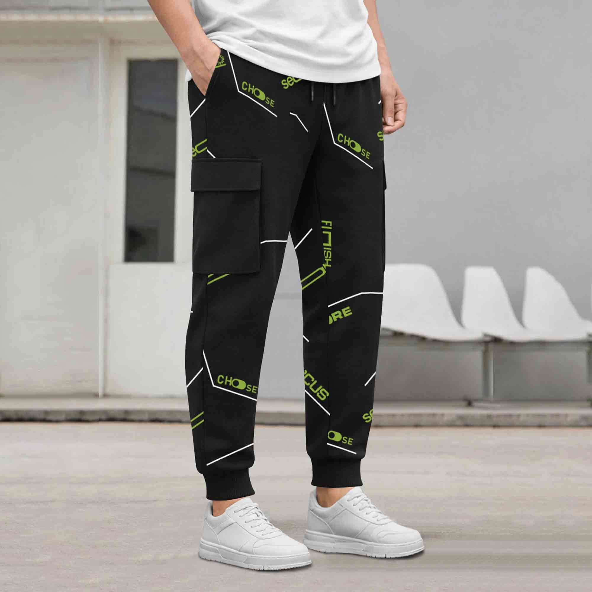 Mens All Over Print Multi Pockets Black Cargo Jogger