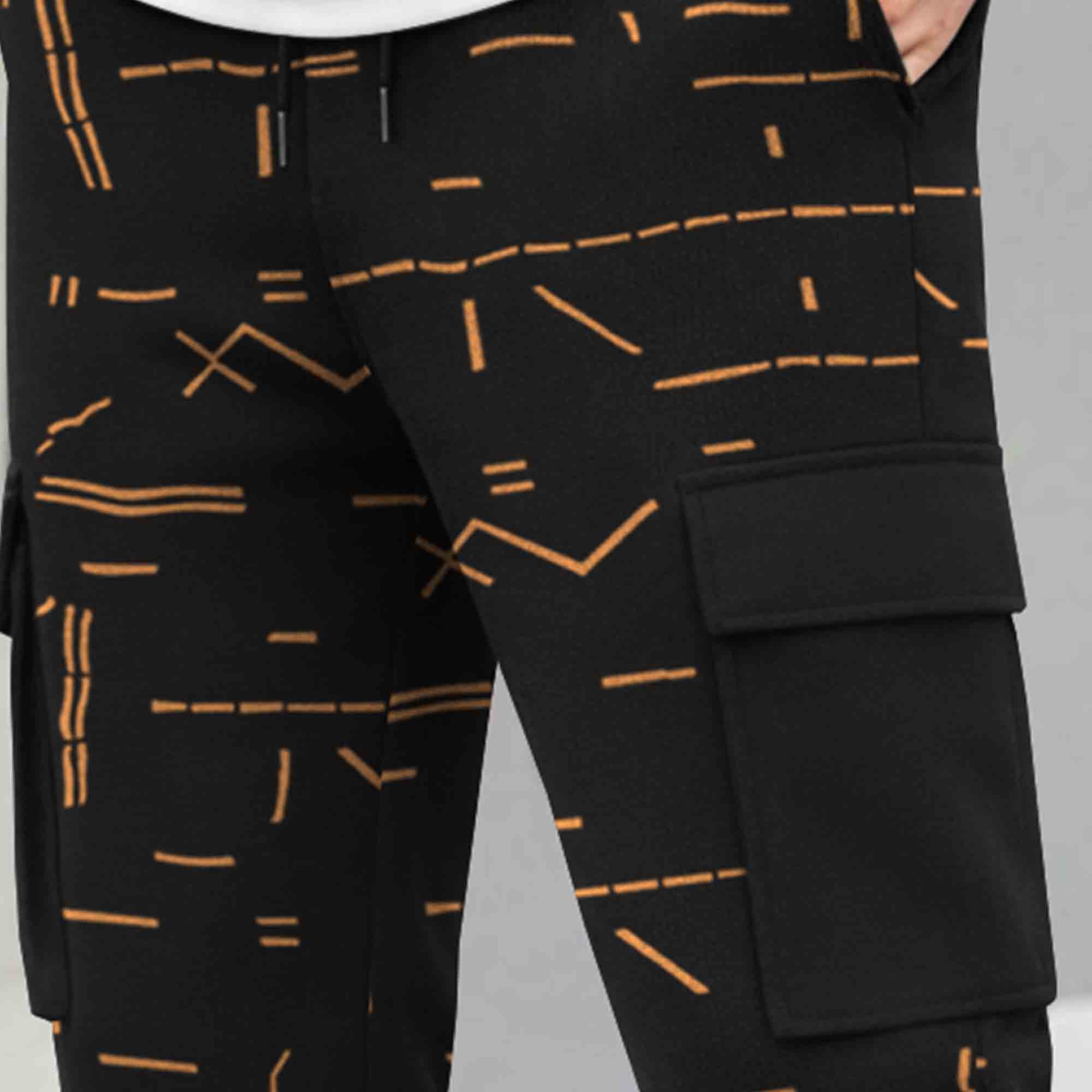 Mens All Over Print Multi Pockets Black Cargo Jogger