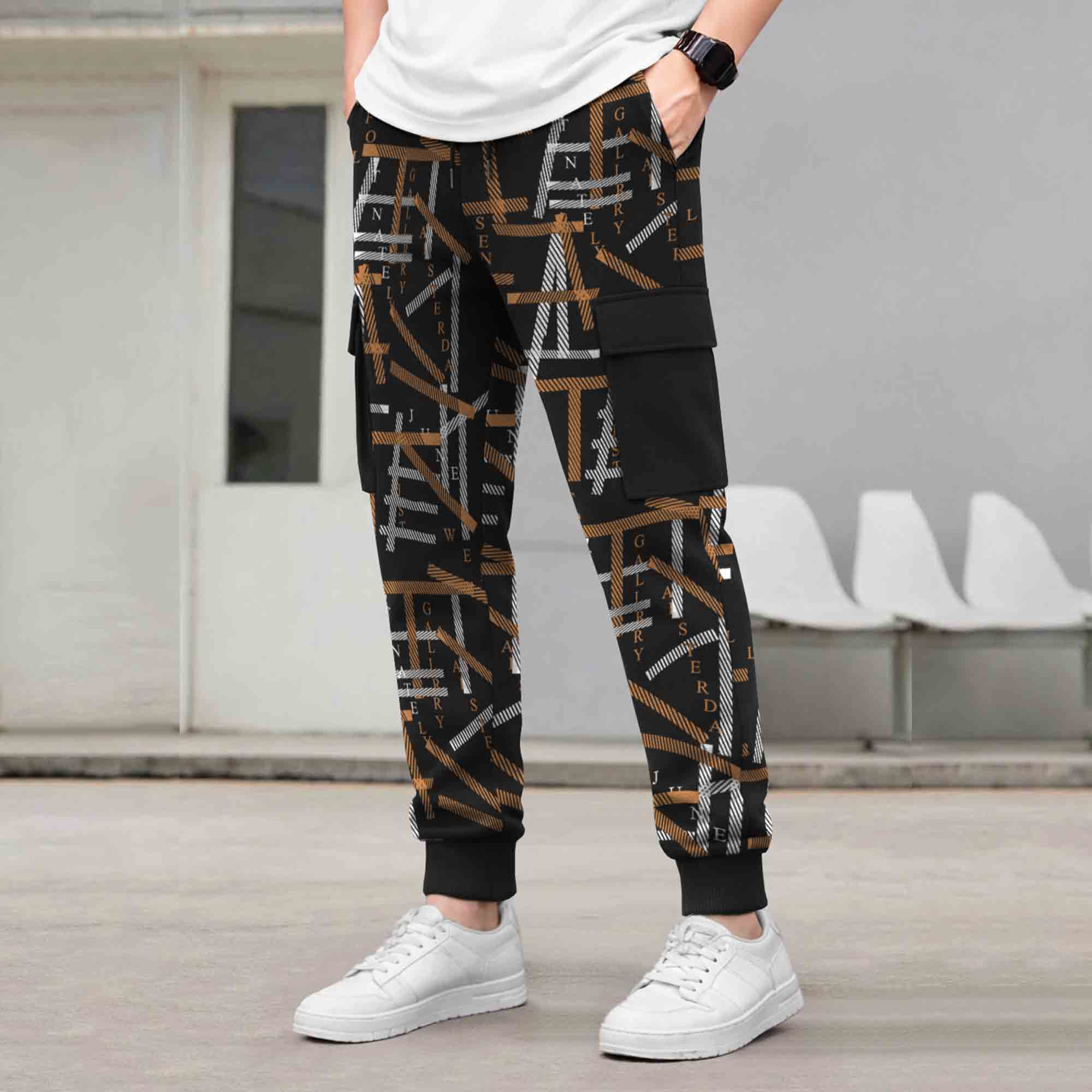 Mens All Over Print Multi Pockets Black & Brown Cargo Jogger