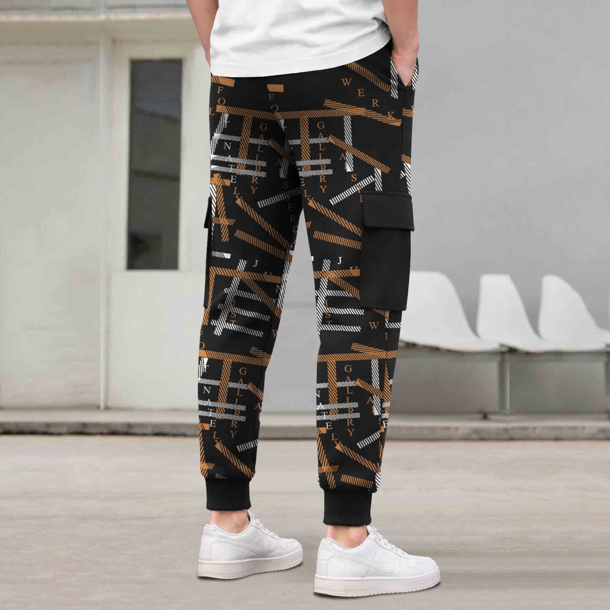 Mens All Over Print Multi Pockets Black & Brown Cargo Jogger