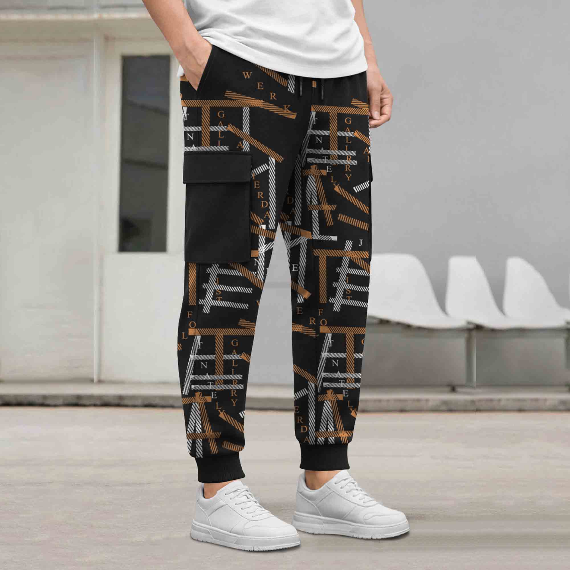 Mens All Over Print Multi Pockets Black & Brown Cargo Jogger