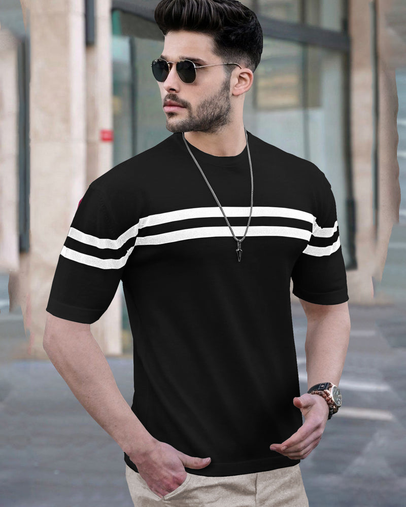 model wearing white vertical striped black round neck men's t shirt with shady coolers and hand watch
