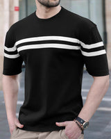 Round neck White Striped Black colour  T-shirt