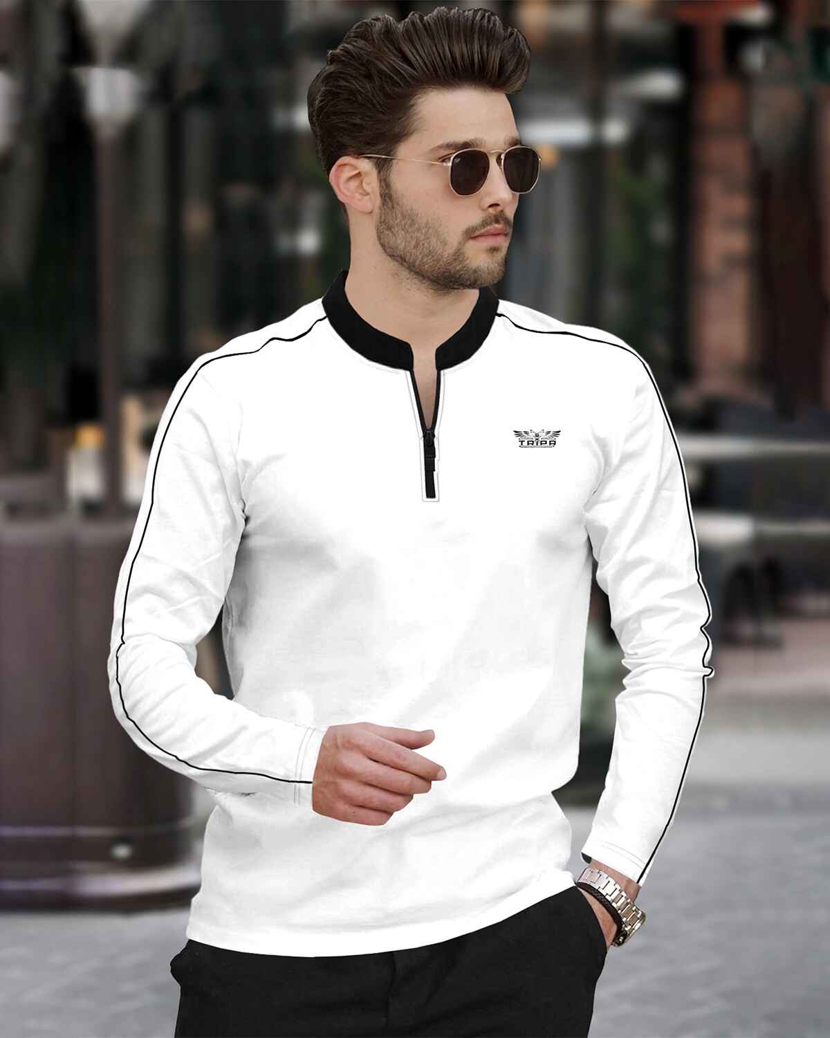 Men Mandarin Collar Cotton Blend White Full Sleeve T-Shirt – TRIPR