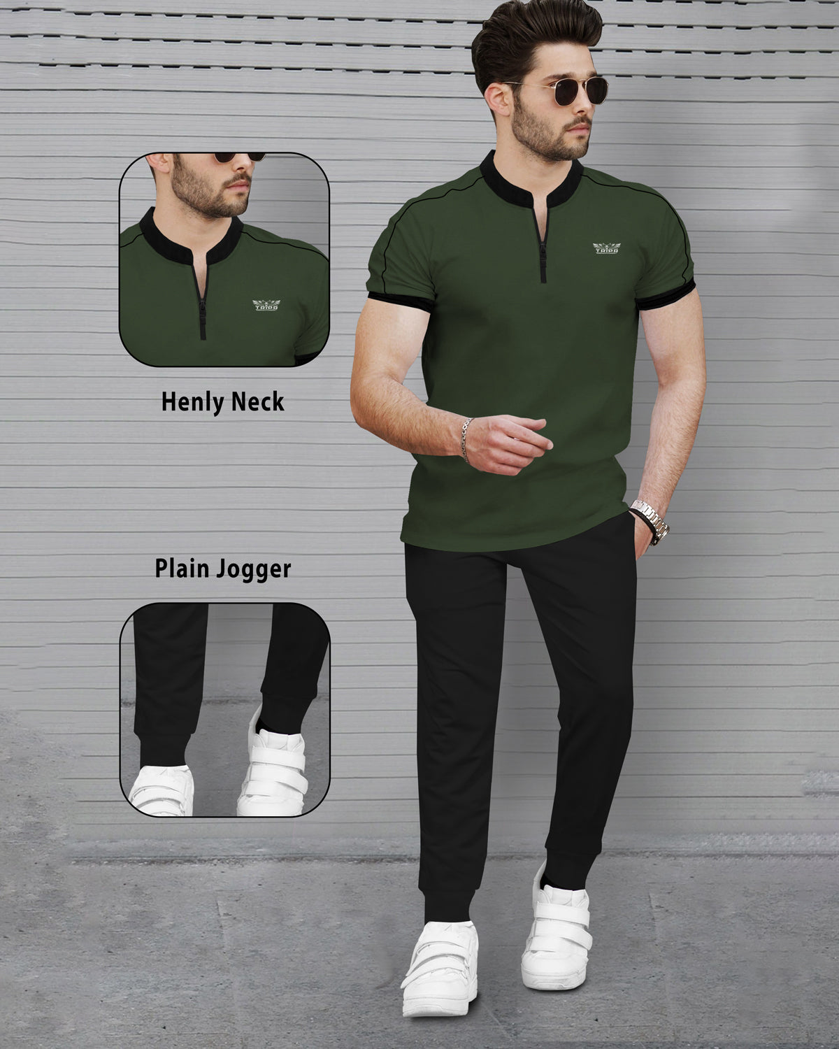 Olive Green Half Sleeve Henley neck Tshirt and Black Track pant Outfit Sets
