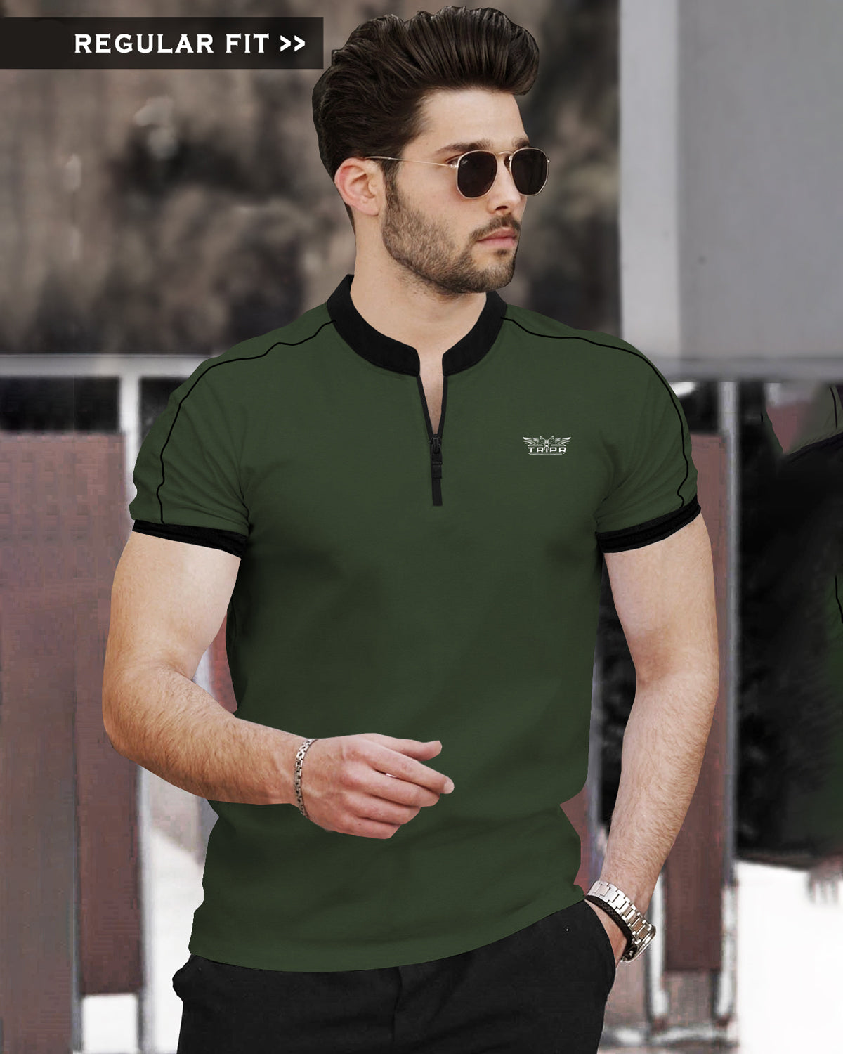 Olive Green Half Sleeve Henley neck Tshirt and Black Track pant Outfit Sets