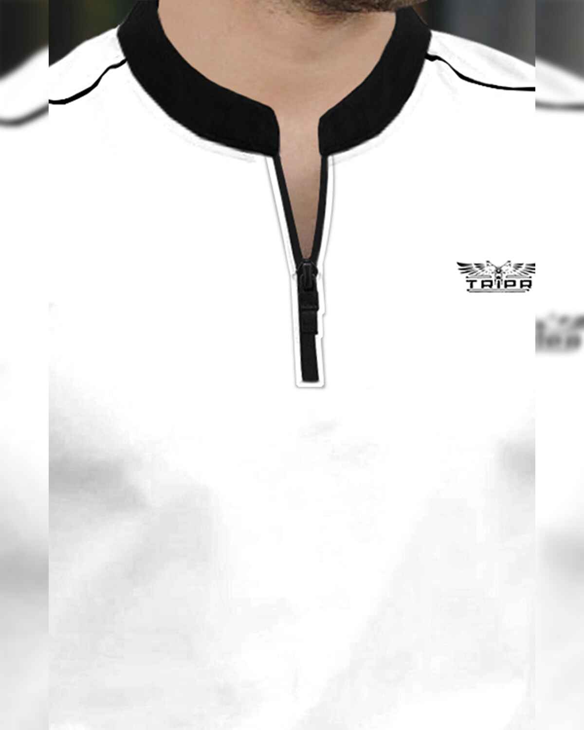 Men Mandarin Collar Cotton Blend White Full Sleeve T-Shirt